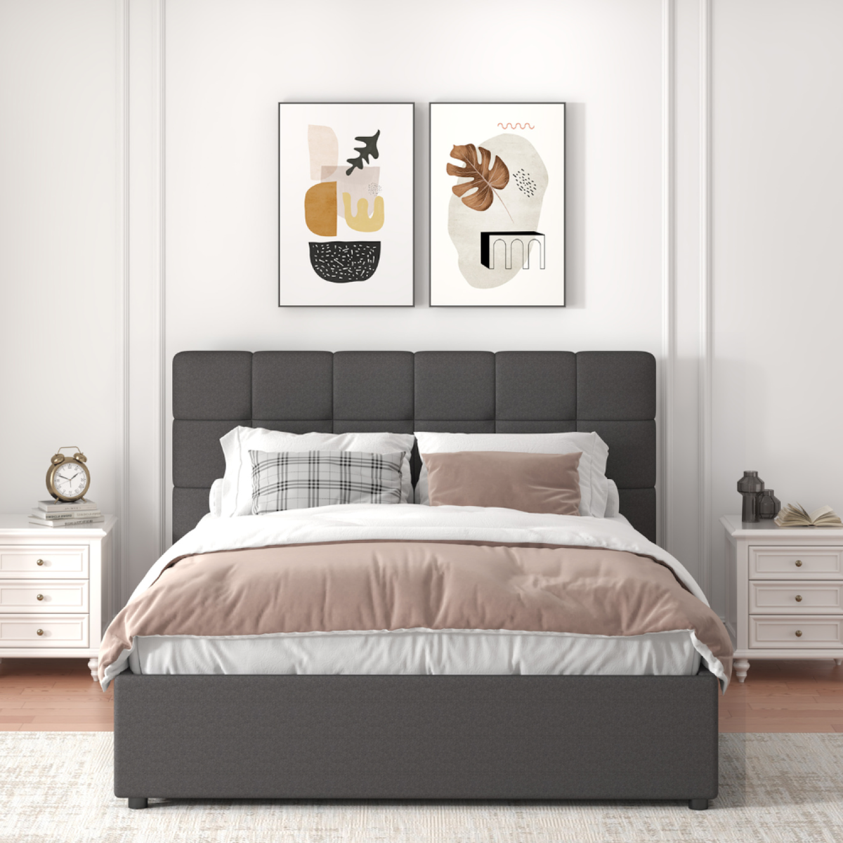 CONCEPT USINE Lit avec coffre de rangement 140x190cm velours gris foncé SANTA