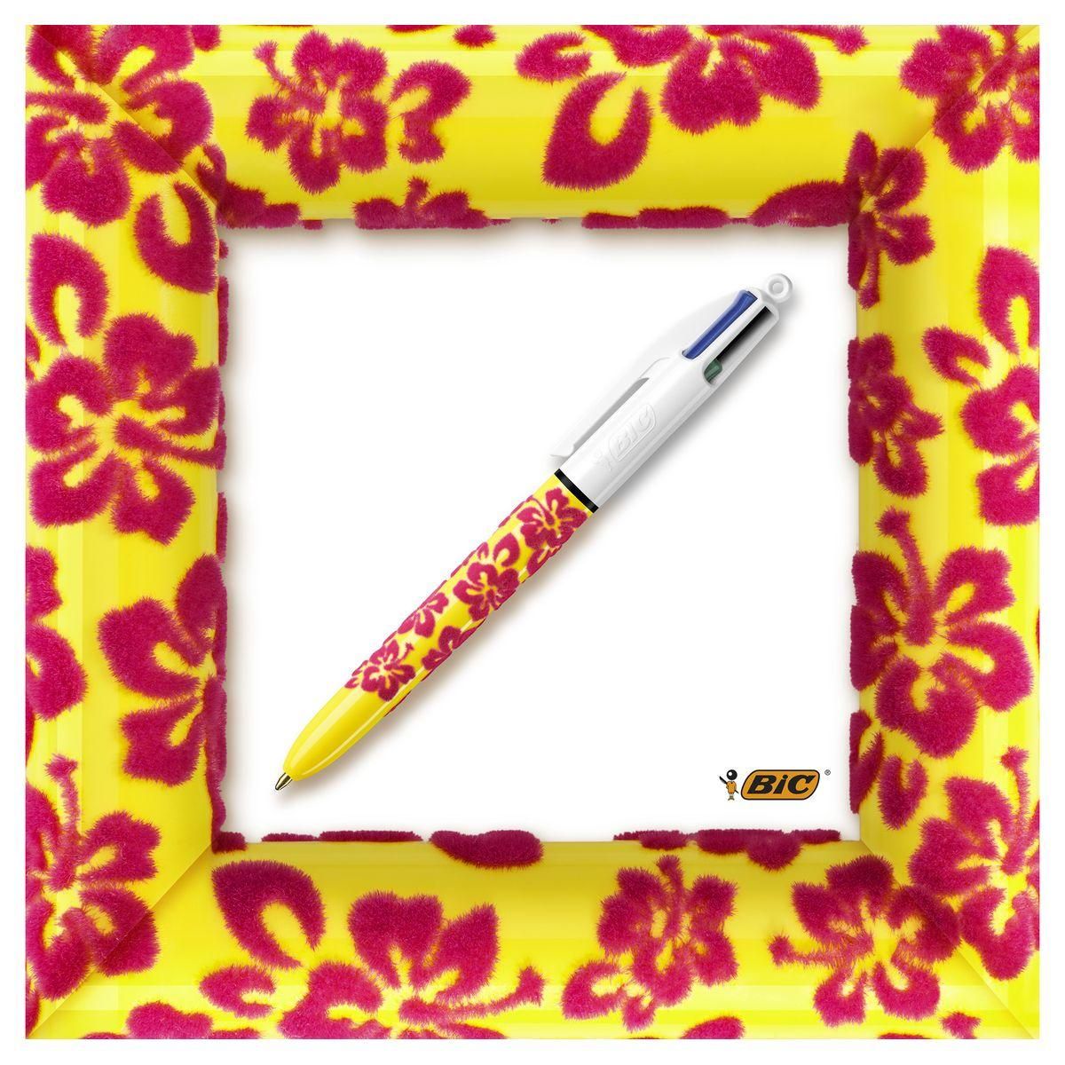 BIC Lot de 3 stylos bille 4 couleurs rétractable pointe moyenne Velours 1jaune/1bleu/1vert à motifs