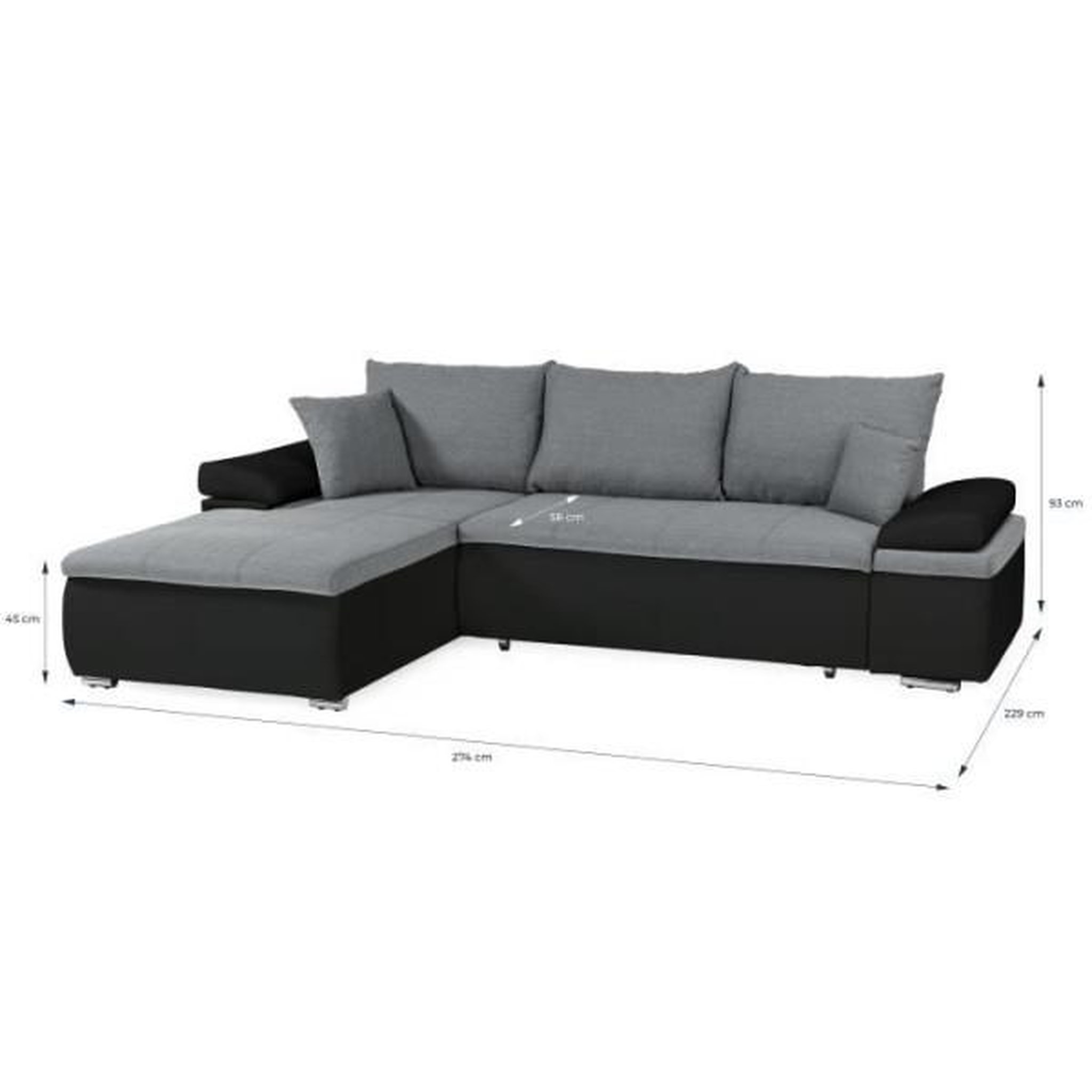 Voir la diapositive 4 : MARKET24 Canapé d'angle réversible convertible 3 places+Coffre - Simili noir et tissu gris - L 274 x P 184 cm - CELINA - Fabriqué en U