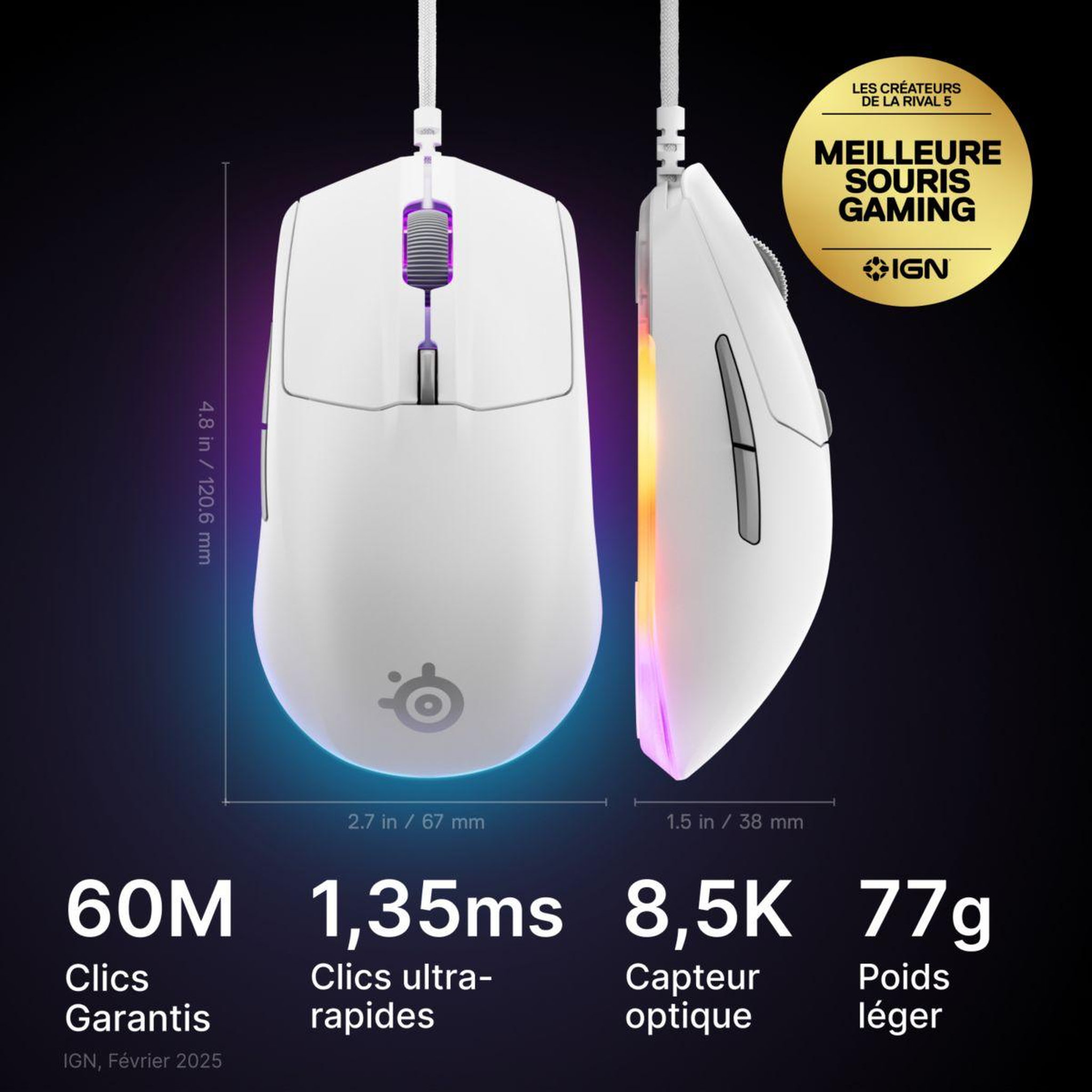 Voir la diapositive 3 : STEEL SERIES Souris gamer filaire rival 3 gen 2 blanche
