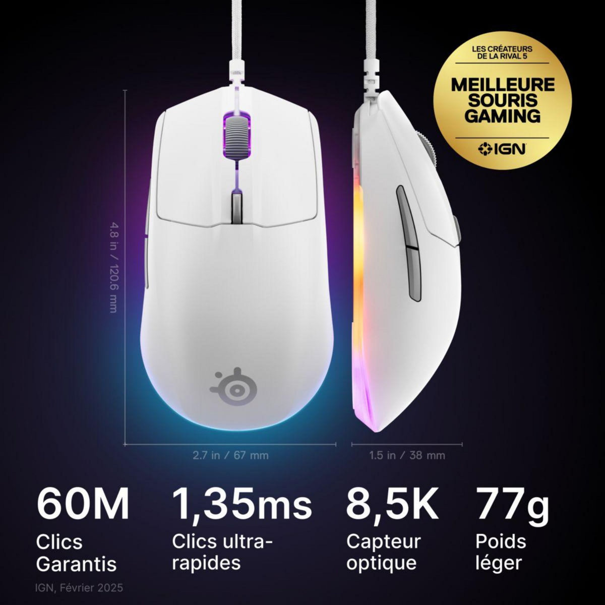 STEEL SERIES Souris Gamer Filaire Rival 3 Gen 2 Blanche