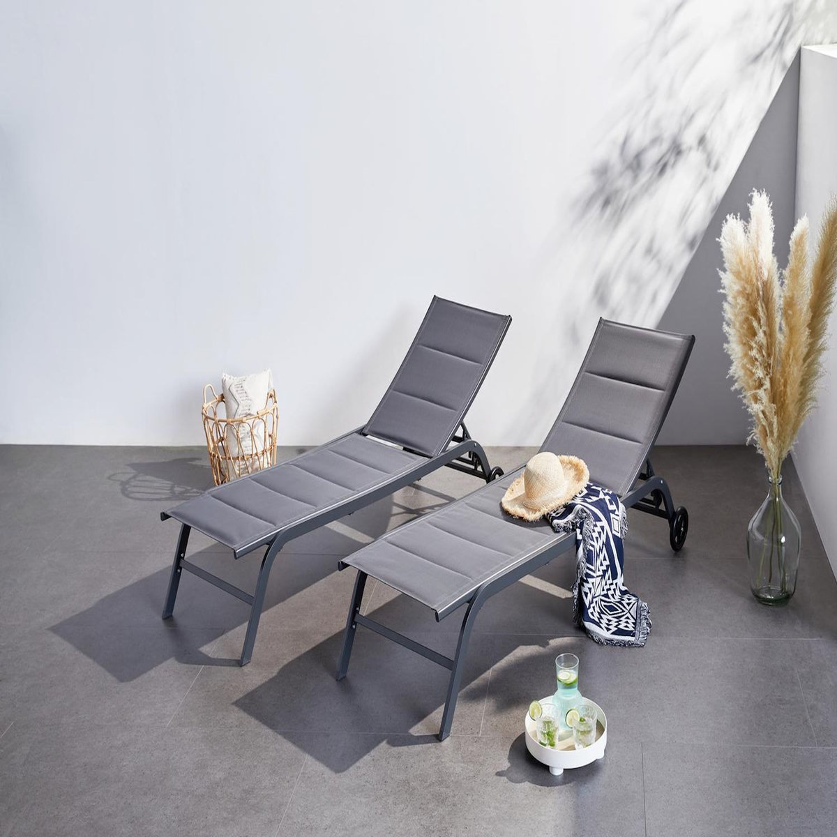 CONCEPT USINE Lot de 2 transats aluminium gris foncé LISBOA