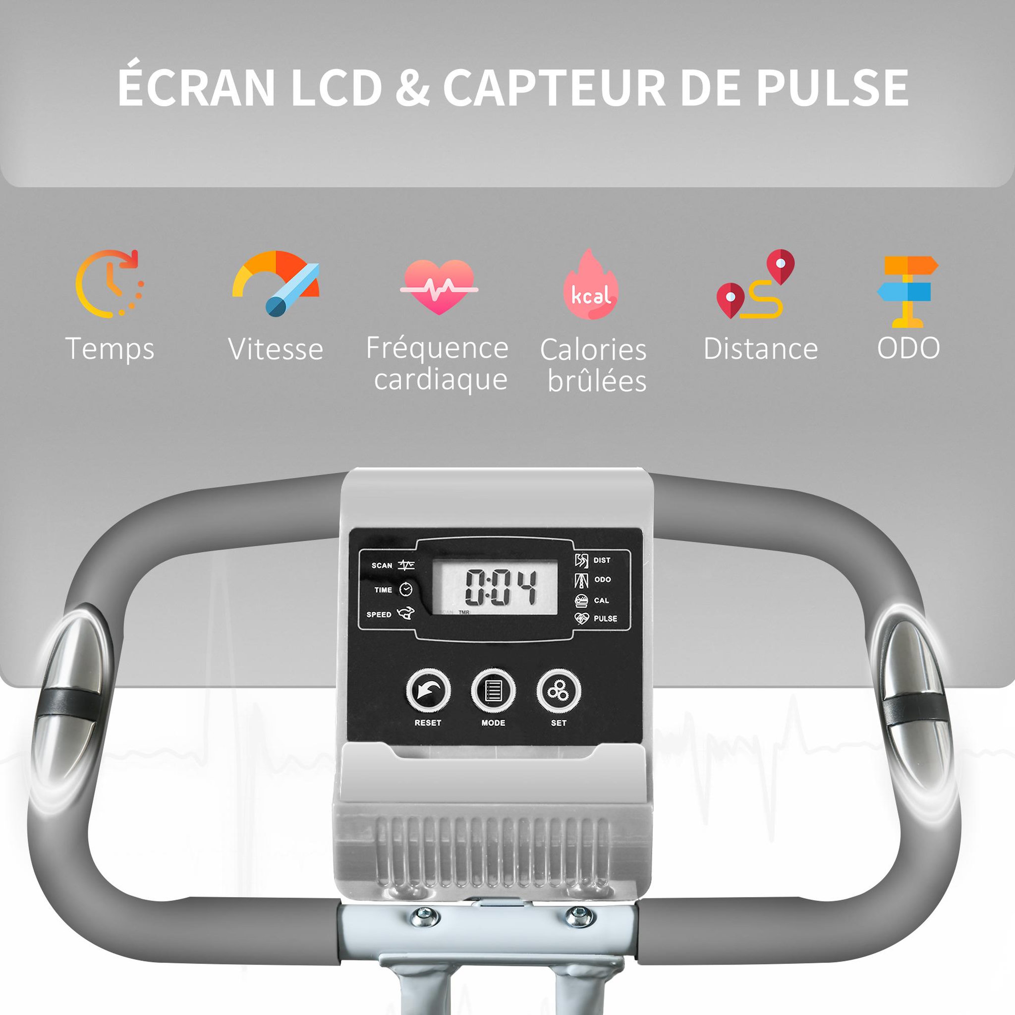Voir la diapositive 6 : HOMCOM Vélo d'appartement pliant 8 niveaux de résistance magnétique dossier selle réglable poignées ergonomiques écran LCD multifonction suspensions support tablette acier gris