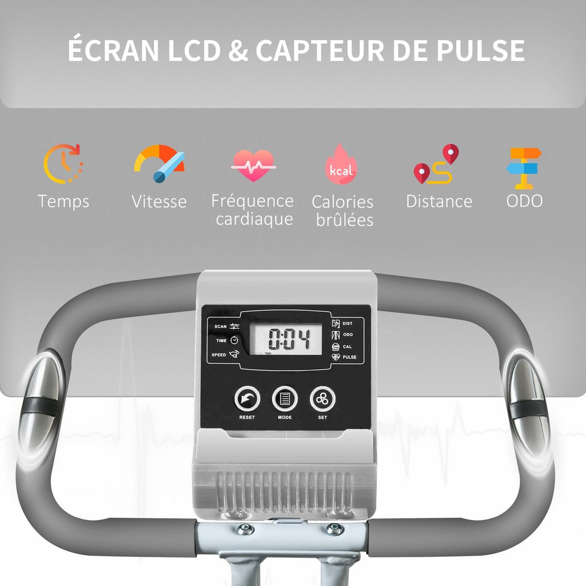 HOMCOM Vélo d'appartement pliant 8 niveaux de résistance magnétique dossier selle réglable poignées ergonomiques écran LCD multifonction suspensions support tablette acier gris
