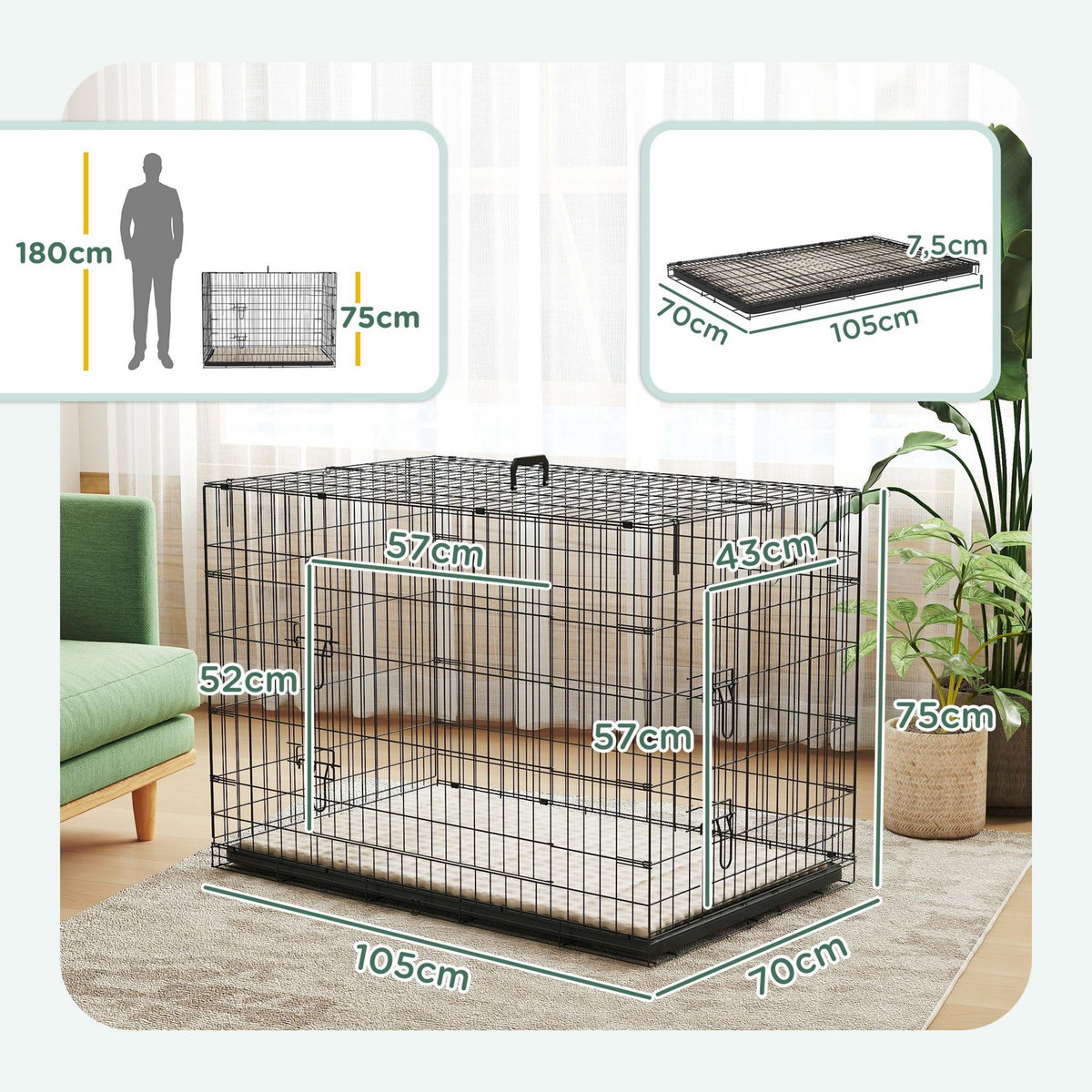 PAWHUT Cage caisse de transport pliable pour chien 105 x 70 x 75 cm avec coussin