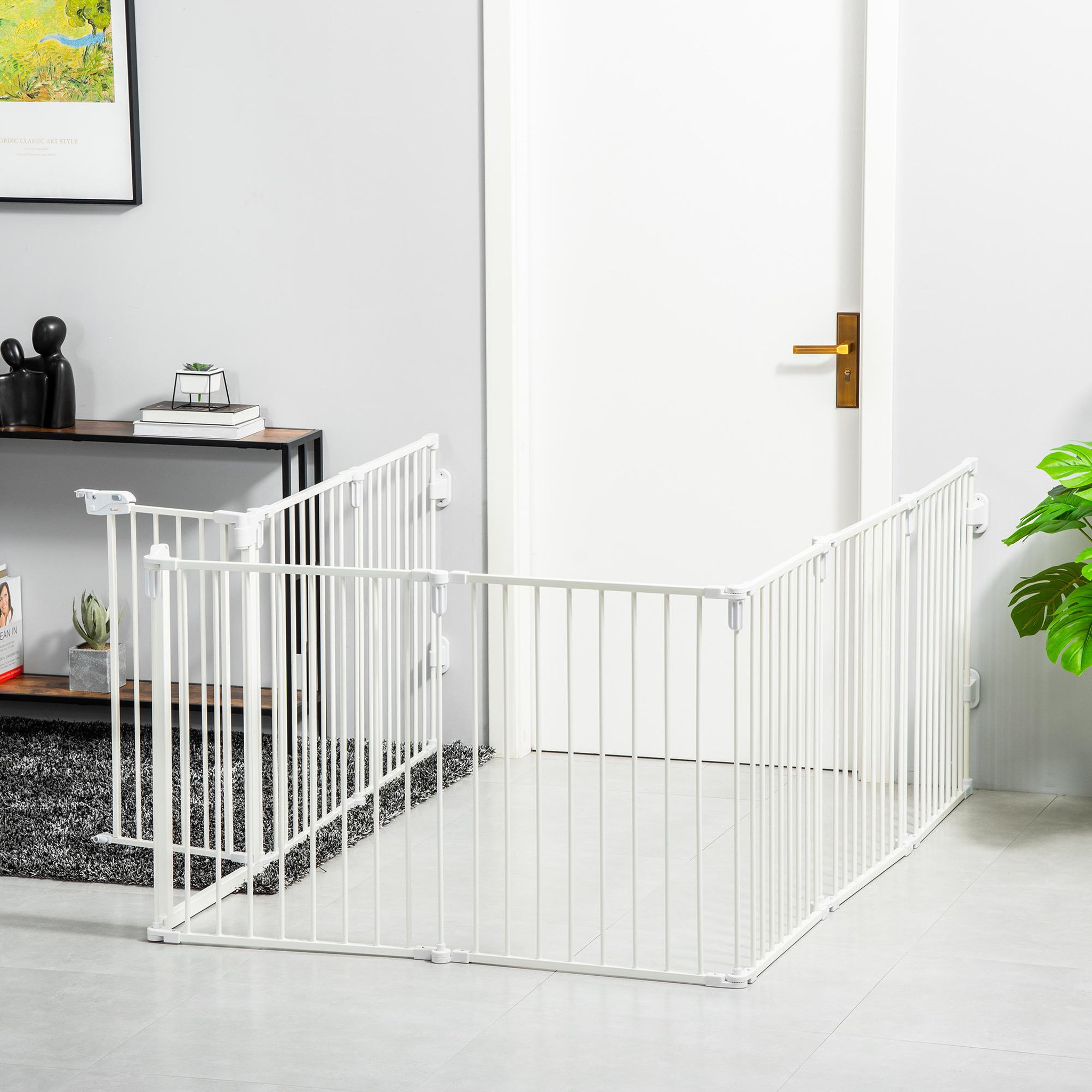 Voir la diapositive 4 : PAWHUT Barrière de sécurité - parc enclos chien modulable pliable - porte verrouillable - 8 panneaux acier et pp - dim. 482,5l max. X 76h cm blanc