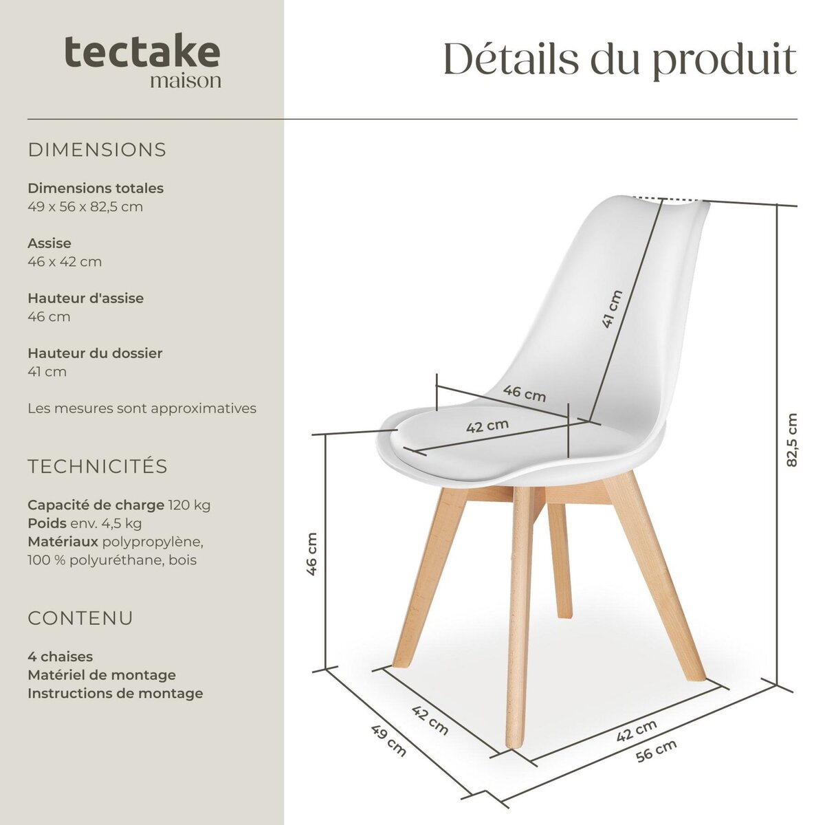 tectake Ensemble de chaises de salle à manger avec siège rembourré blanc/blanc Lot de 4