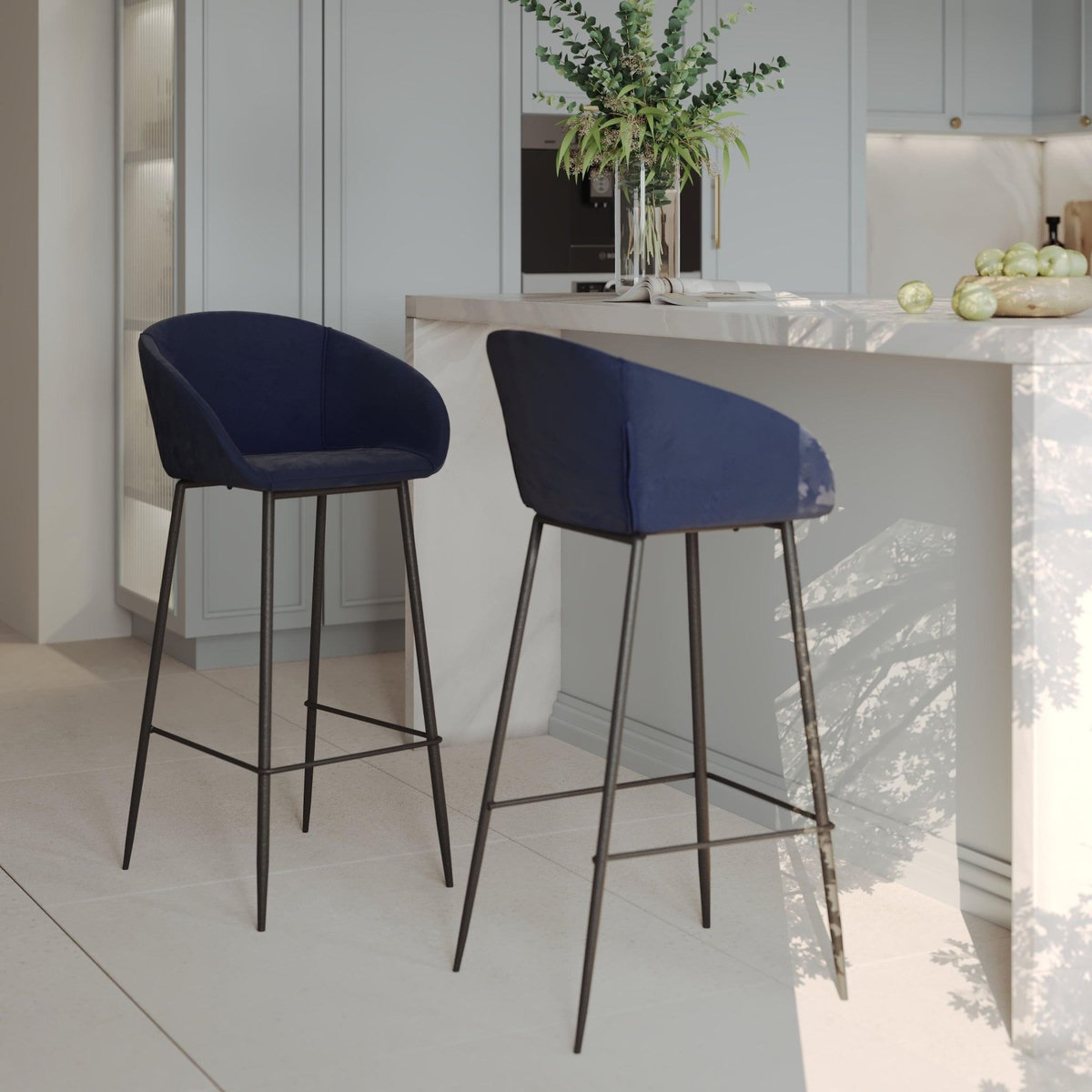 Rendez vous déco Lot de 2 chaises de bar 75 cm en velours bleu-Marquise