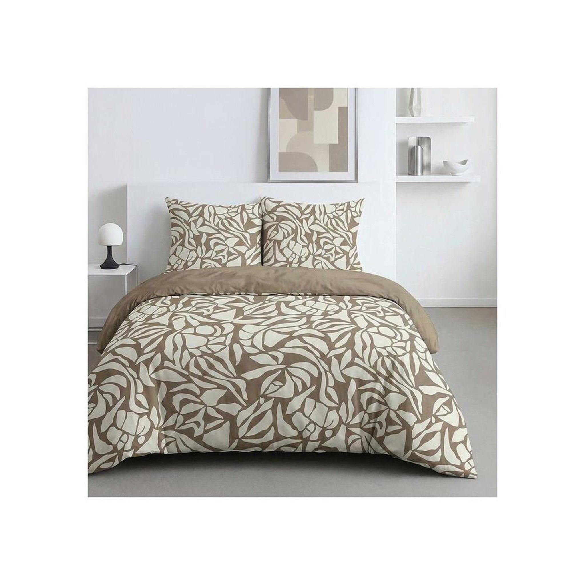 Today Parure de lit double 260x240 cm taupe motif feuillage imprimé en coton 100% - 2 taies 63x63 cm réversible
