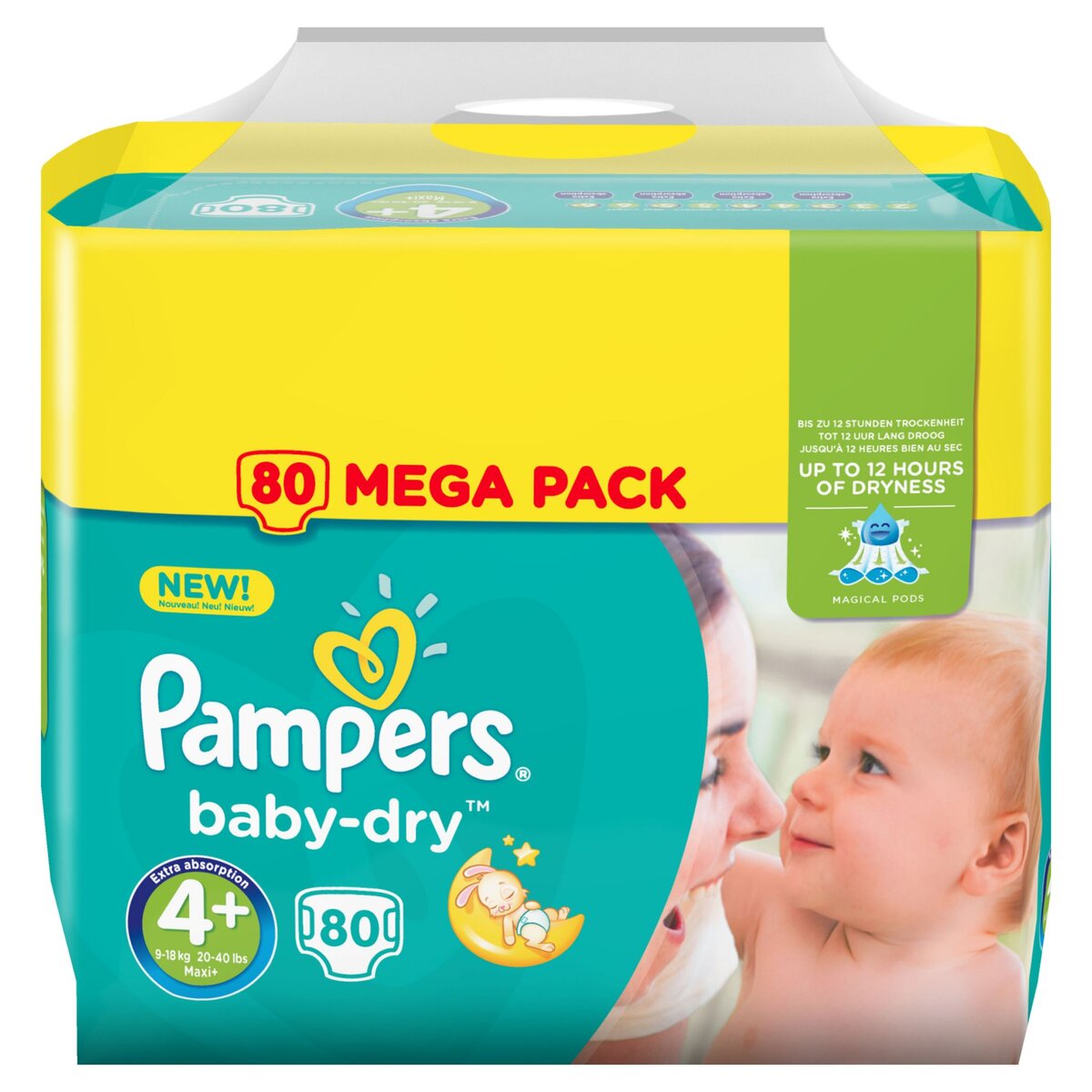 PAMPERS Lot de 3, BABY DRY Mega Couches Standard T4+ (9-20 kg) X80