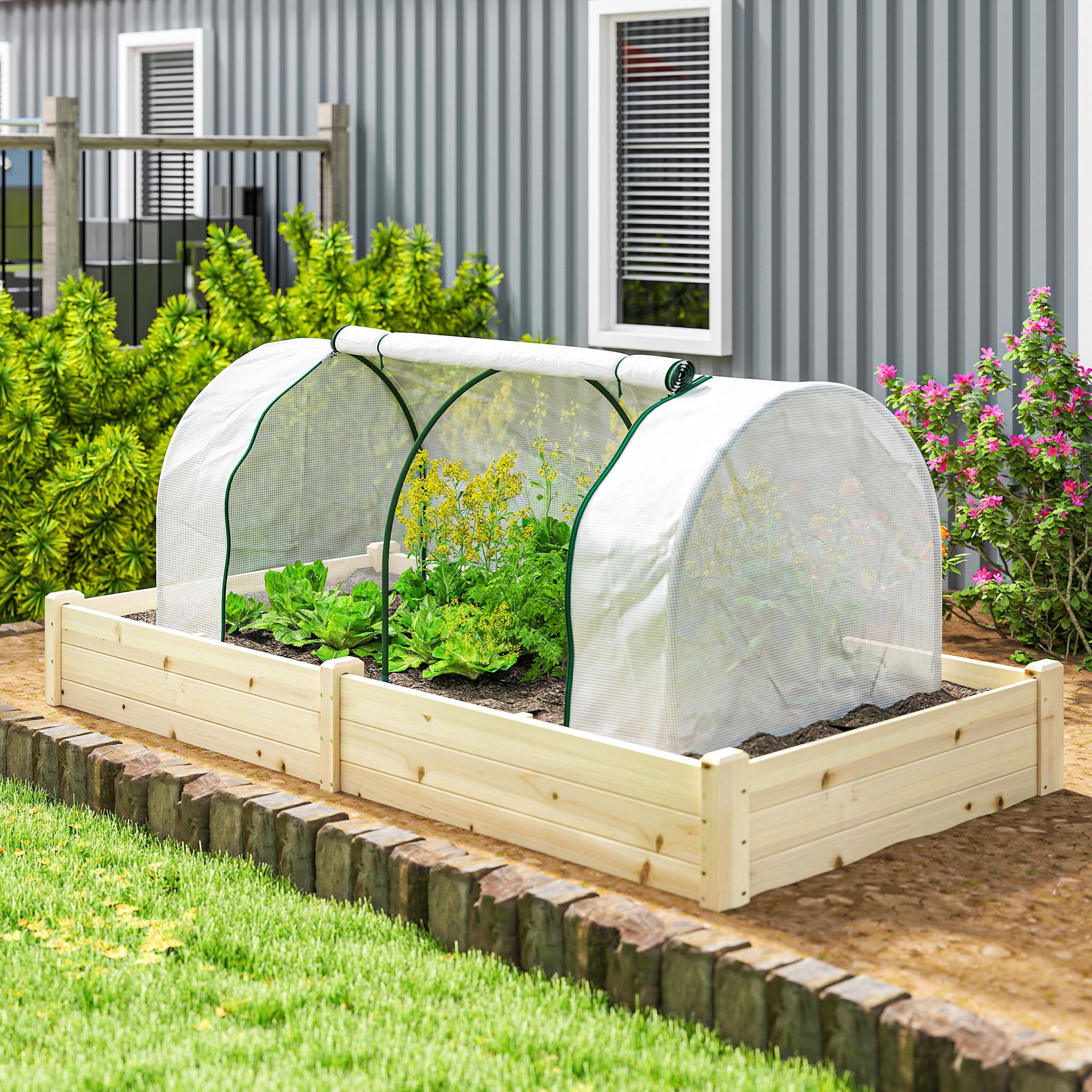 Voir la diapositive 4 : OUTSUNNY Serre tunnel porte zippée enroulable bâche imperméable acier blanc