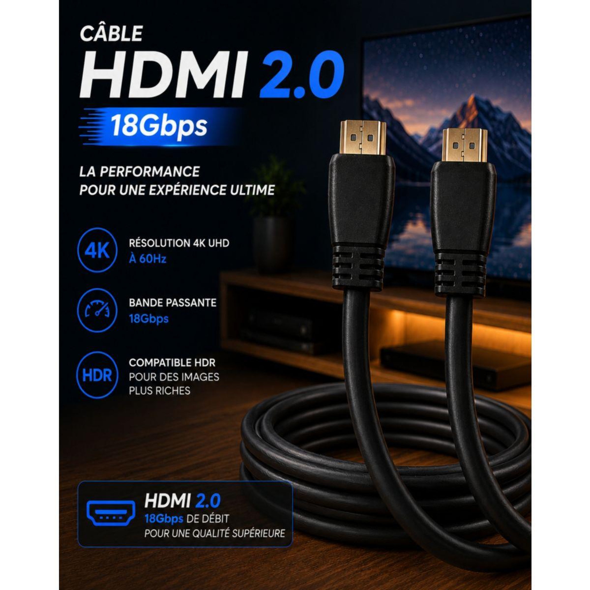 Voir la diapositive 2 : ESSENTIEL B Câble HDMI 2.0/18Gbps plat 2M
