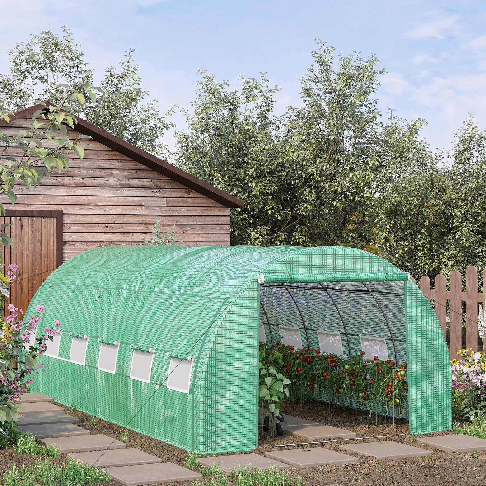 Voir la diapositive 2 : OUTSUNNY Serre de jardin 18 m² porte parois latérales zippées enroulables 8 fenêtres acier PE haute densité vert