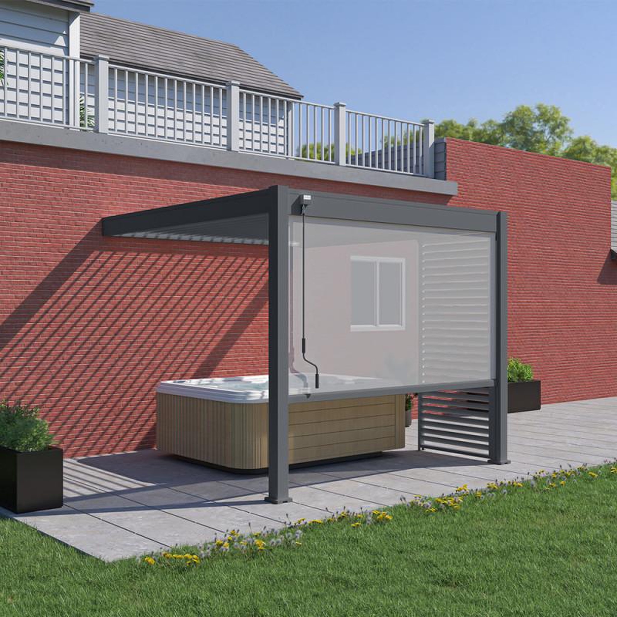 Chalet & jardin Pergola bioclimatique Ombréa 2023 adossée alu 3x3M + 1 store 3M - Anthracite - VS