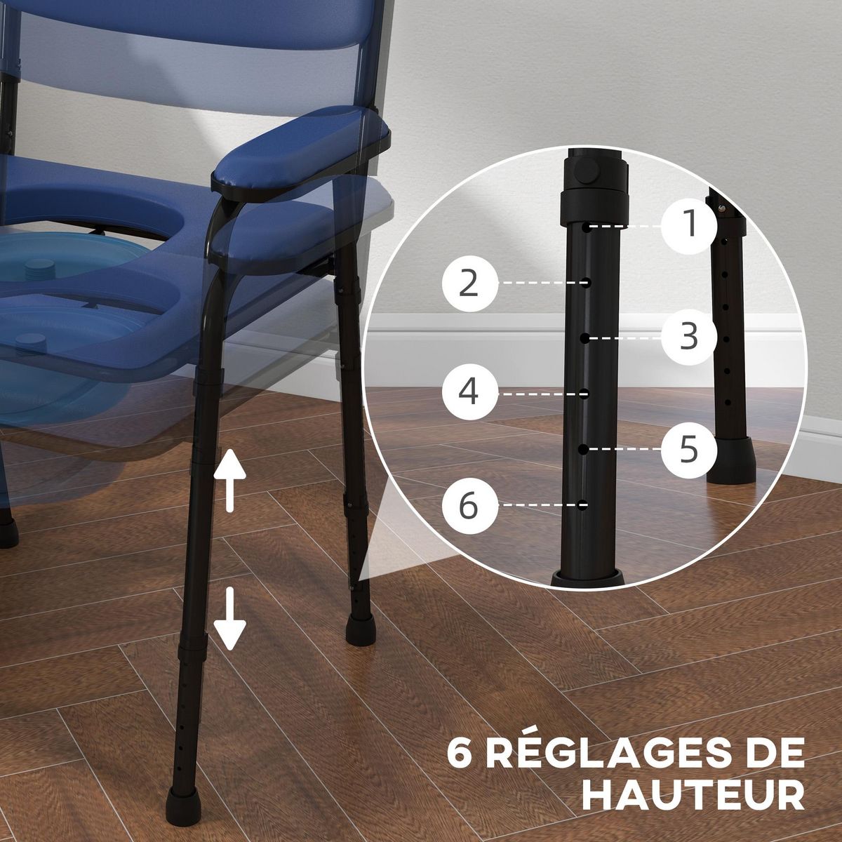 HOMCOM Chaise percée réglable - chaise de toilette - seau amovible pliable, coussin, accoudoirs - acier noir PVC bleu