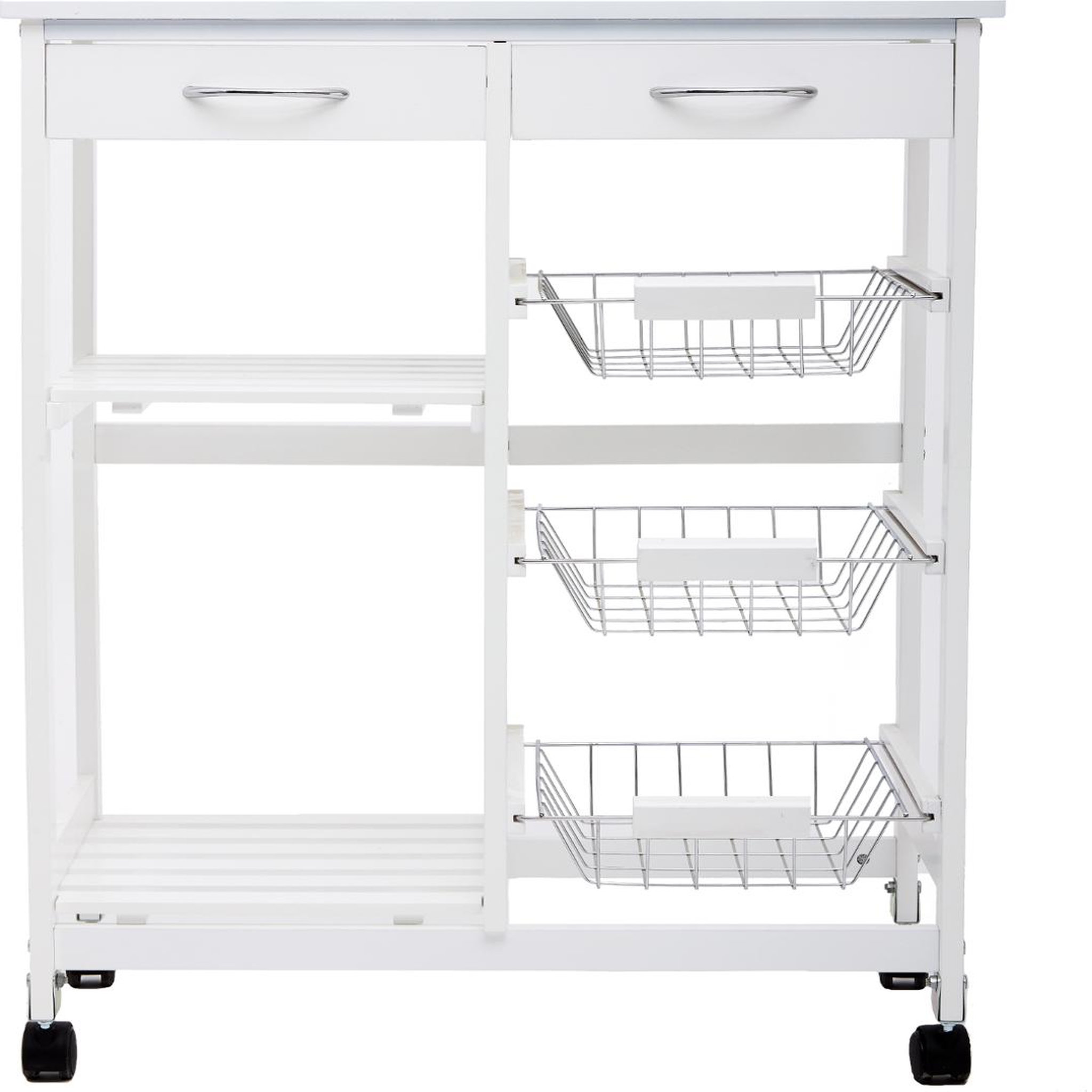 Voir la diapositive 2 : Desserte de cuisine sur roulettes en bois blanc et plateau en verre - 67 cm x 35 cm x H 81 cm