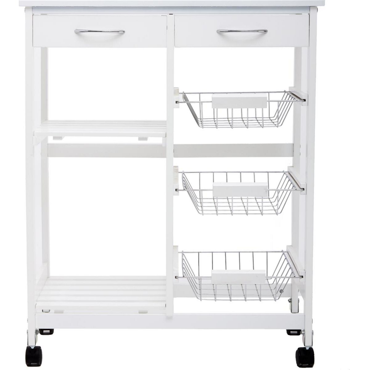 Desserte de cuisine sur roulettes en bois blanc et plateau en verre - 67 cm x 35 cm x H 81 cm