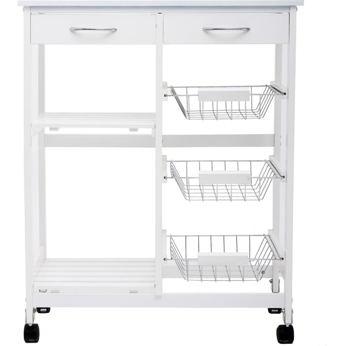 Desserte de cuisine sur roulettes en bois blanc et plateau en verre - 67 cm x 35 cm x H 81 cm