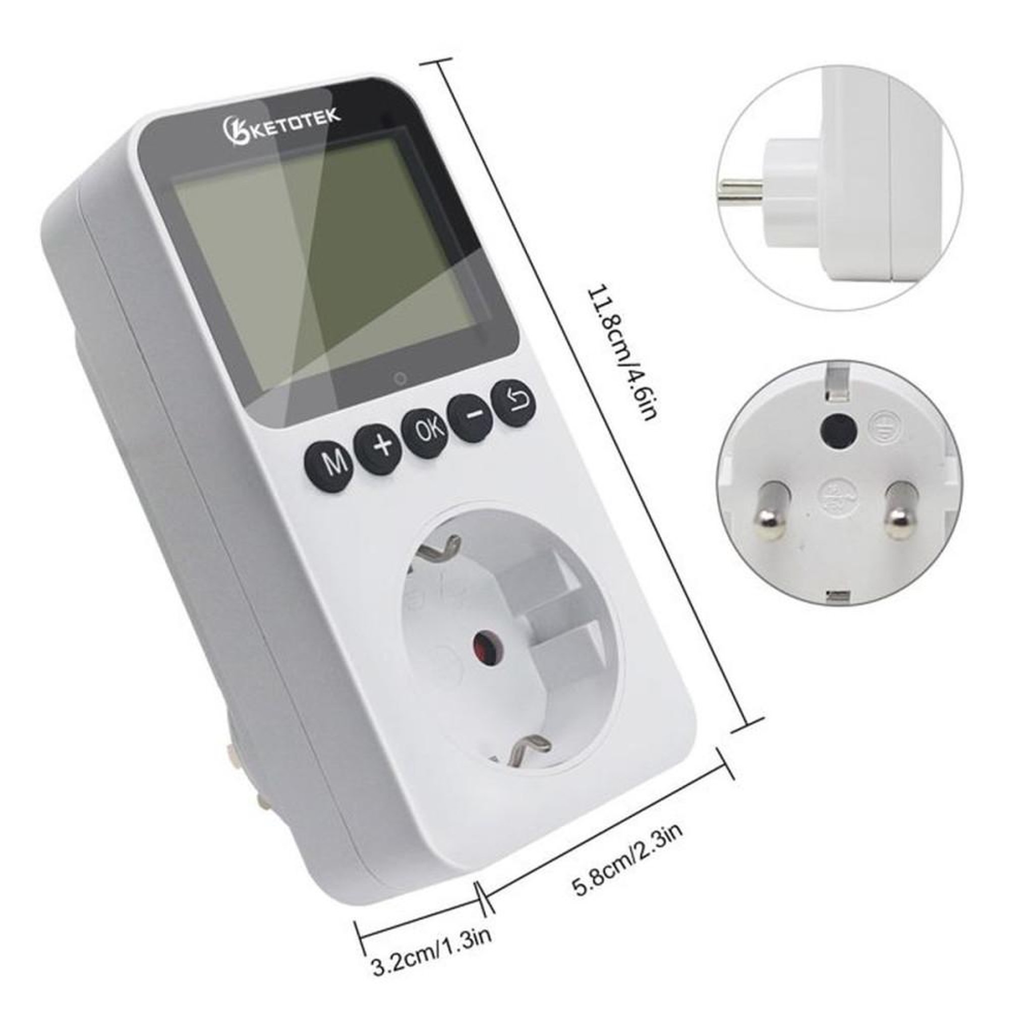 Voir la diapositive 2 : Prise programmateur numérique KETOTEK avec minuteur digital, écran LCD rétroéclairé HD, 3 programmes On/Off, mode cycle et compte à rebours, pour usage intérieur, blanc