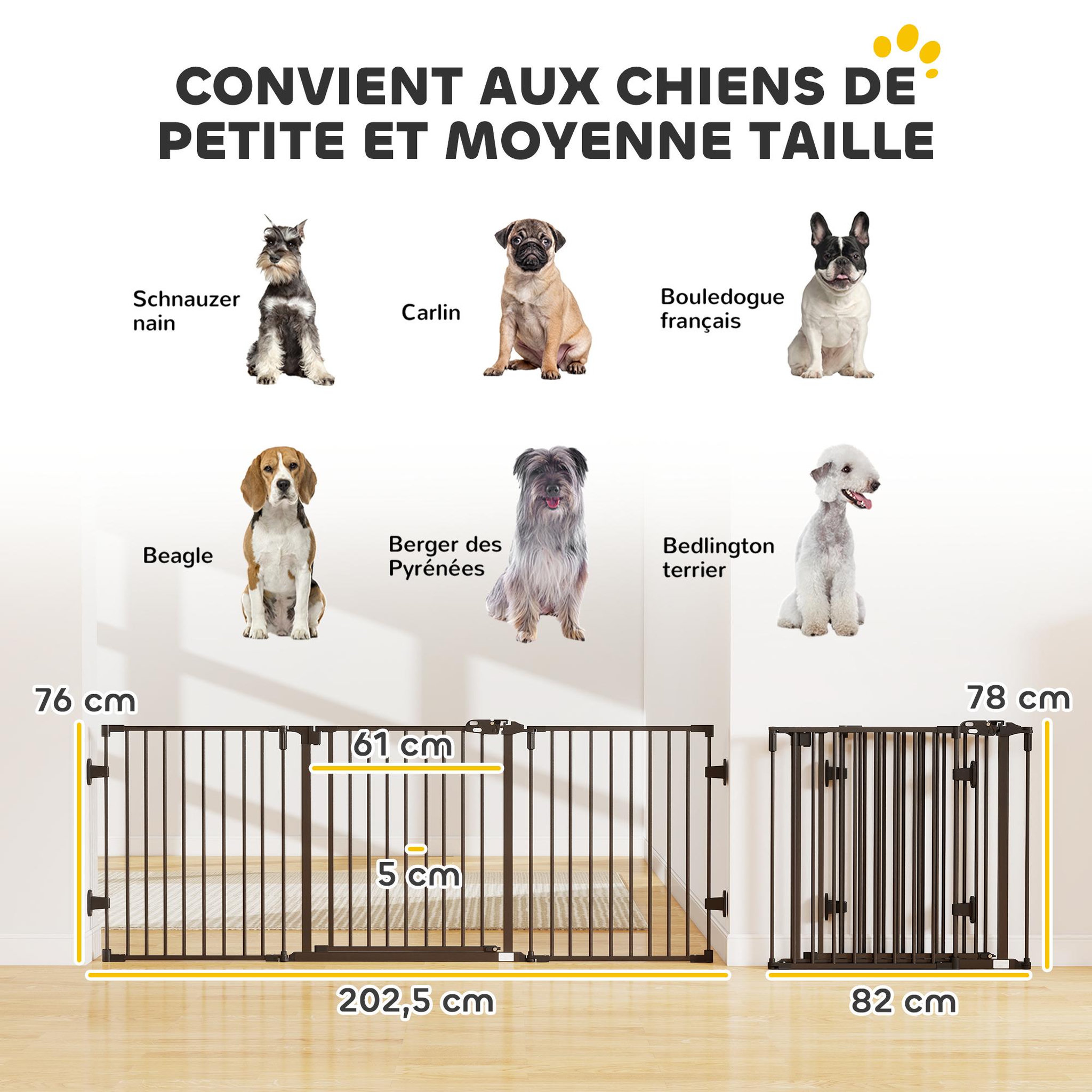 Voir la diapositive 3 : PAWHUT Barrière de sécurité chien pliable modulable 3 panneaux une porte dim. Max. L.202,5 x h.76 cm - acier noir