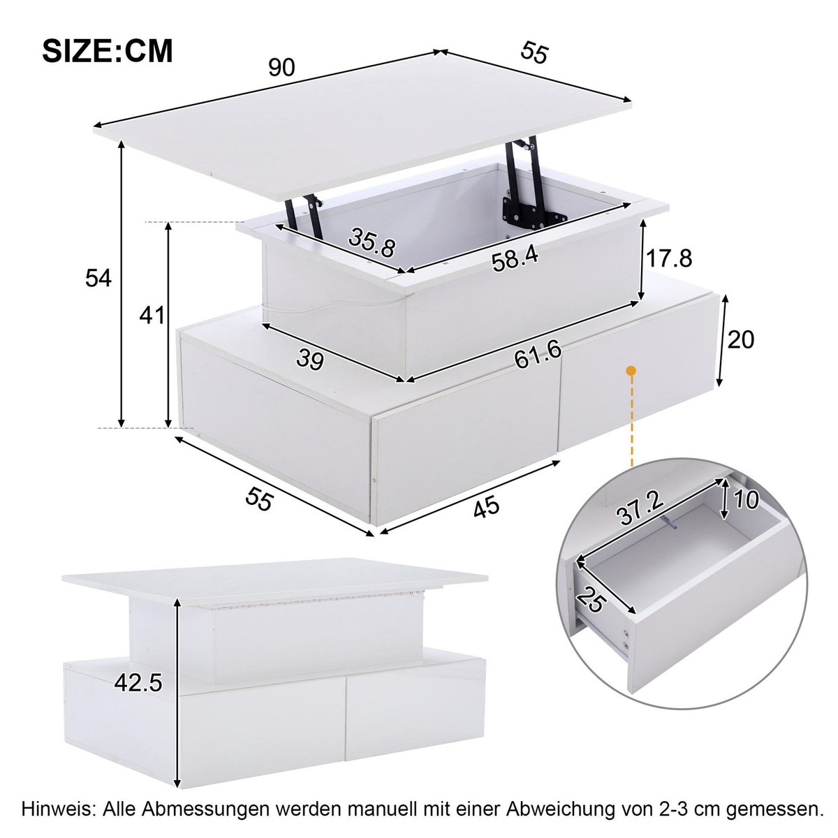 MERAX Table Basse 4 Tiroirs Et Plateau Relevable Blanc