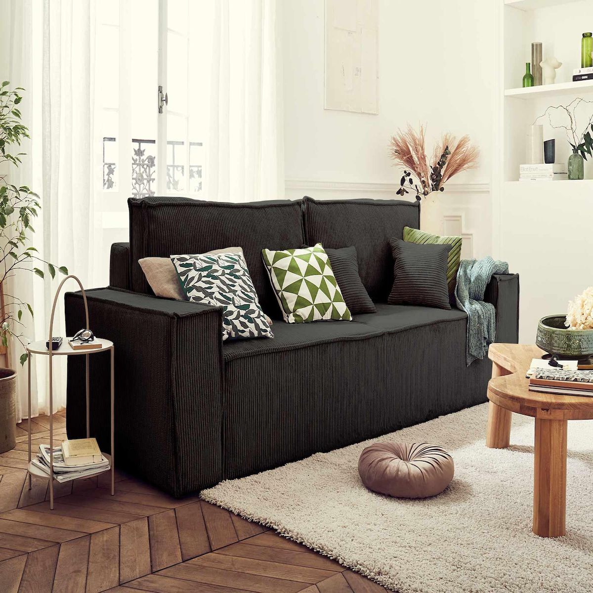BEST MOBILIER Dellia - canapé 3 places convertible - avec coffre - en velours côtelé - style contemporain