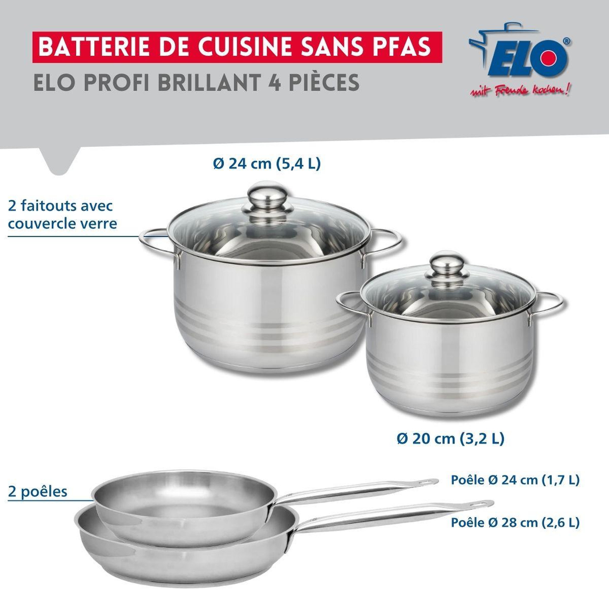 Voir la diapositive 2 : ELO Ensemble de 2 poêles de cuisson 24 et 28 cm et 2 faitouts 20 et 24 cm elo profi brillant