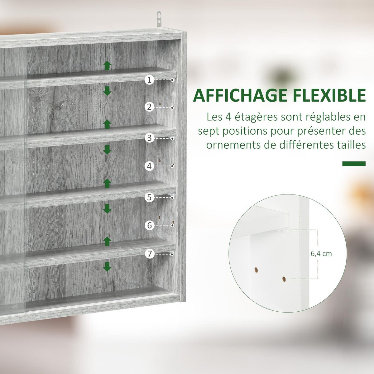 HOMCOM Vitrine murale étagère - 5 étagères réglables - 2 portes coulissantes verre - panneaux gris