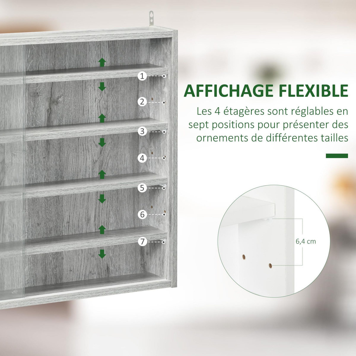 HOMCOM Vitrine murale étagère - 5 étagères réglables - 2 portes coulissantes verre - panneaux gris