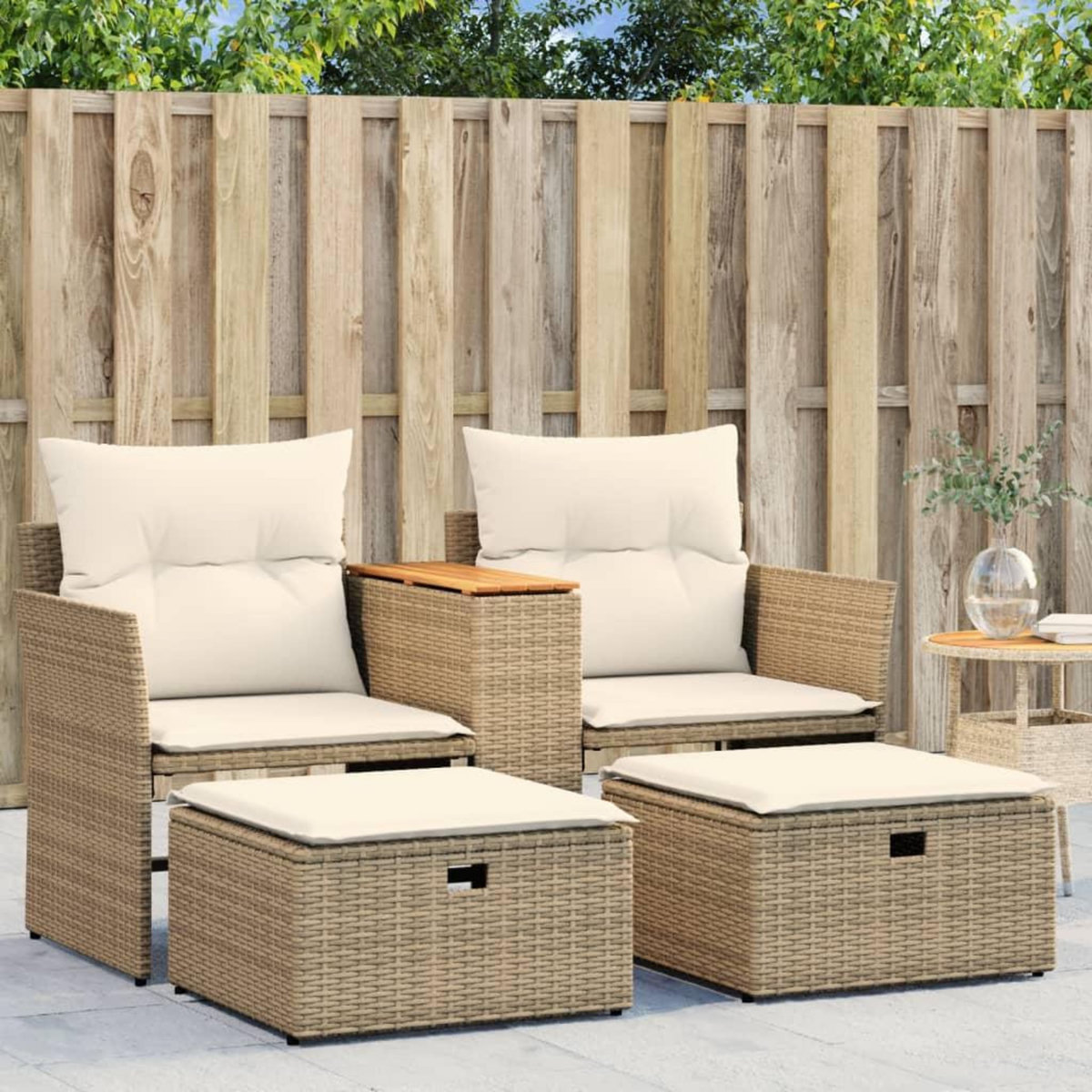 VIDAXL Canape de jardin 2 places avec tabourets beige resine tressee