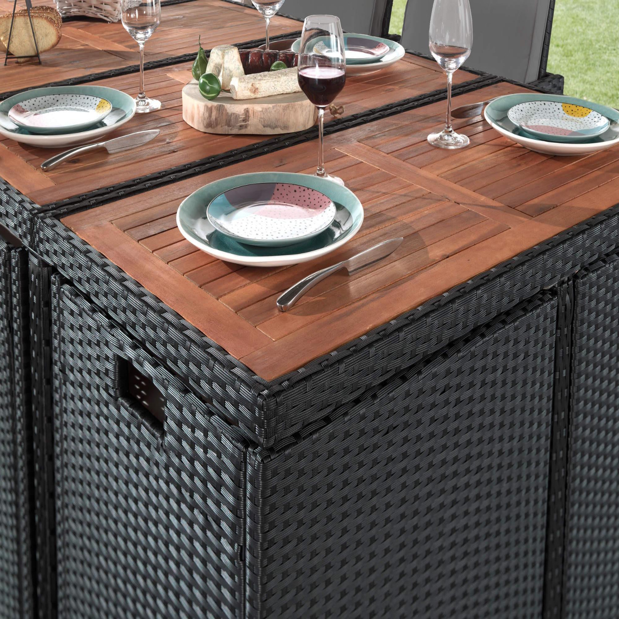 Voir la diapositive 6 : BEST MOBILIER Cuba - salon de jardin encastrable 12 places - en résine tressée - noir avec coussins gris + housse de protection