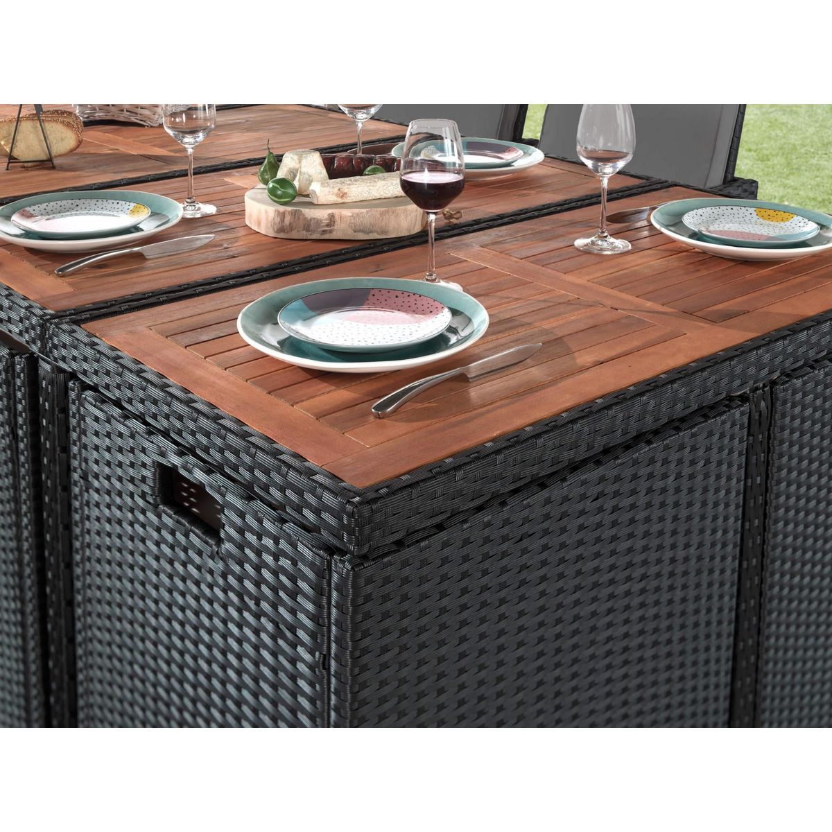 BEST MOBILIER Cuba - salon de jardin encastrable 12 places - en résine tressée - noir avec coussins gris + housse de protection