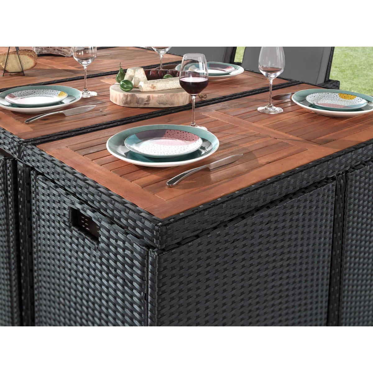 BEST MOBILIER Cuba - salon de jardin encastrable 12 places - en résine tressée - noir avec coussins gris + housse de protection