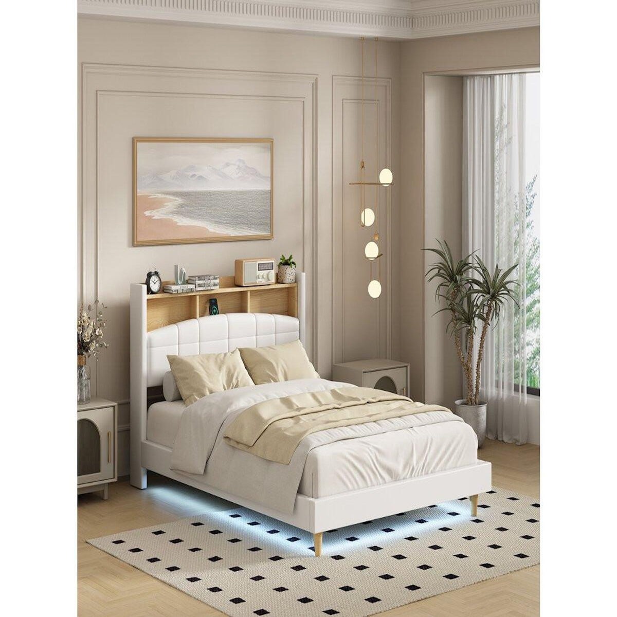 Habitat et Jardin Lit double led avec rangement tête de lit  Sarah  - 140 x 190 cm - Blanc