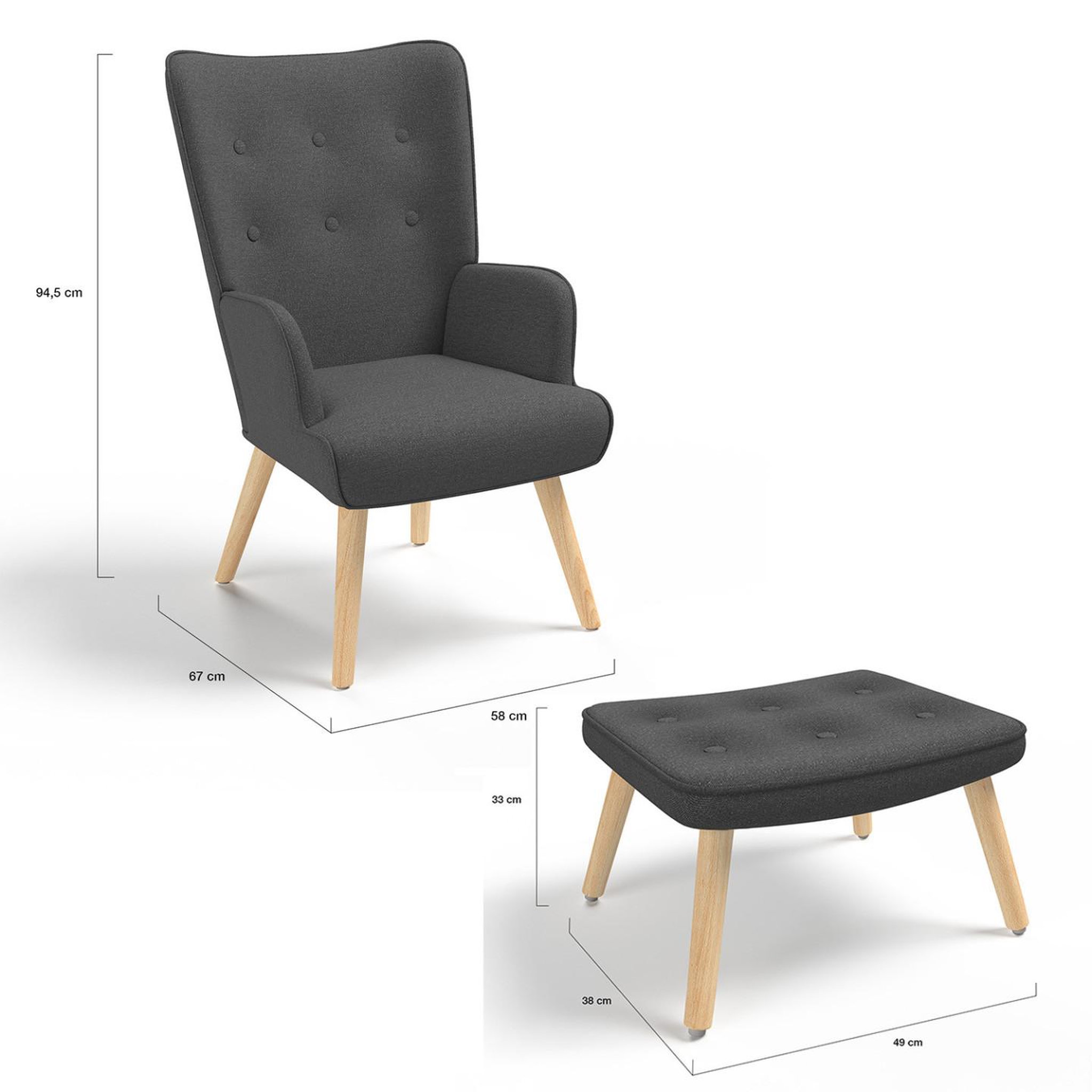 Voir la diapositive 5 : ID MARKET Fauteuil scandinave ivar avec repose pieds gris anthracite