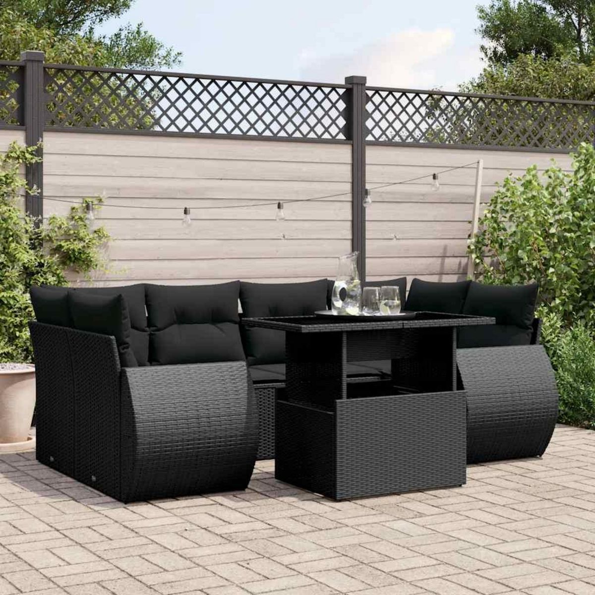 VIDAXL Salon de jardin 7 pcs avec coussins noir resine tressee