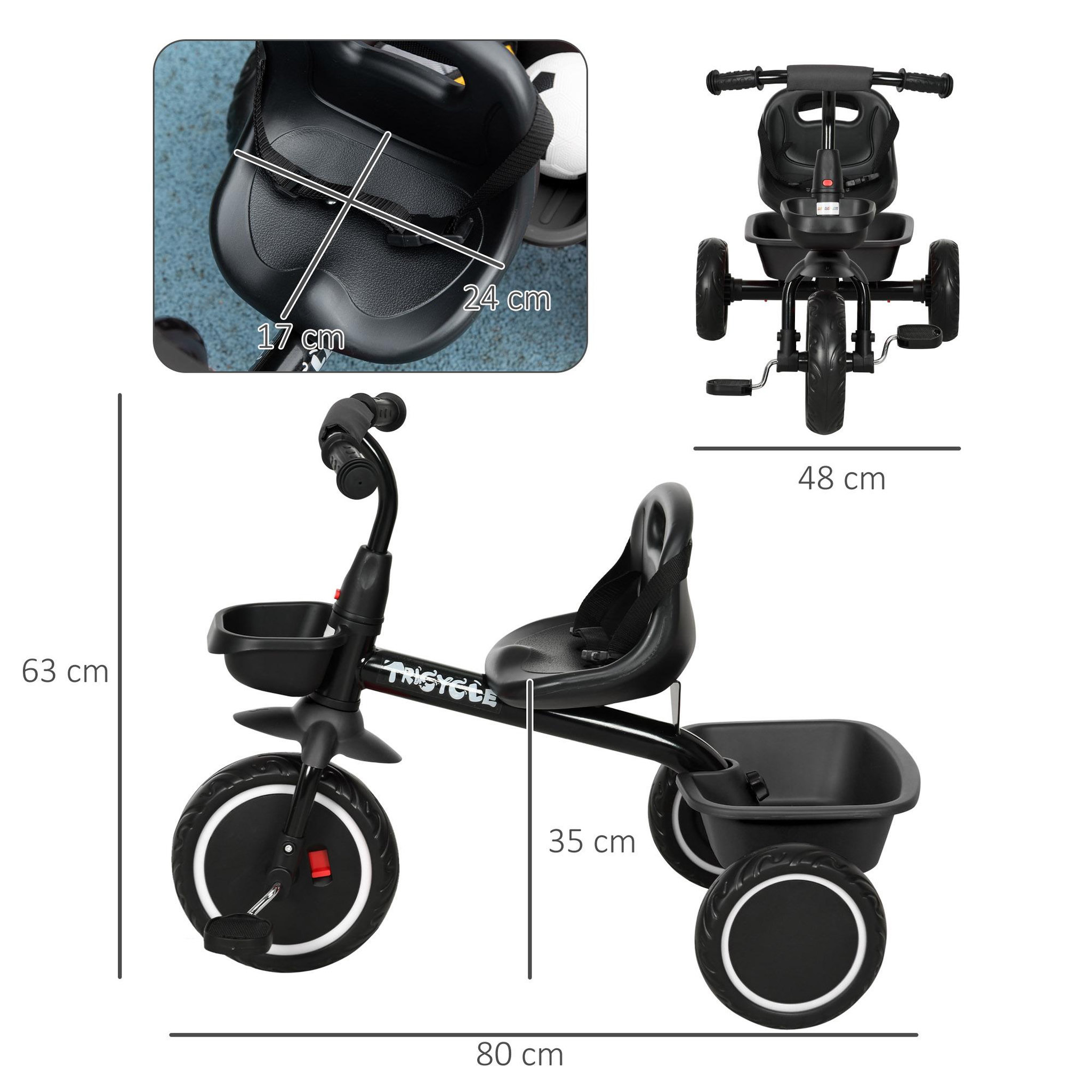 Voir la diapositive 3 : HOMCOM Tricycle pour enfant évolutif avec siège réglable - pédales - 2 paniers - ceinture - pour enfant de 2 à 5 ans - noir