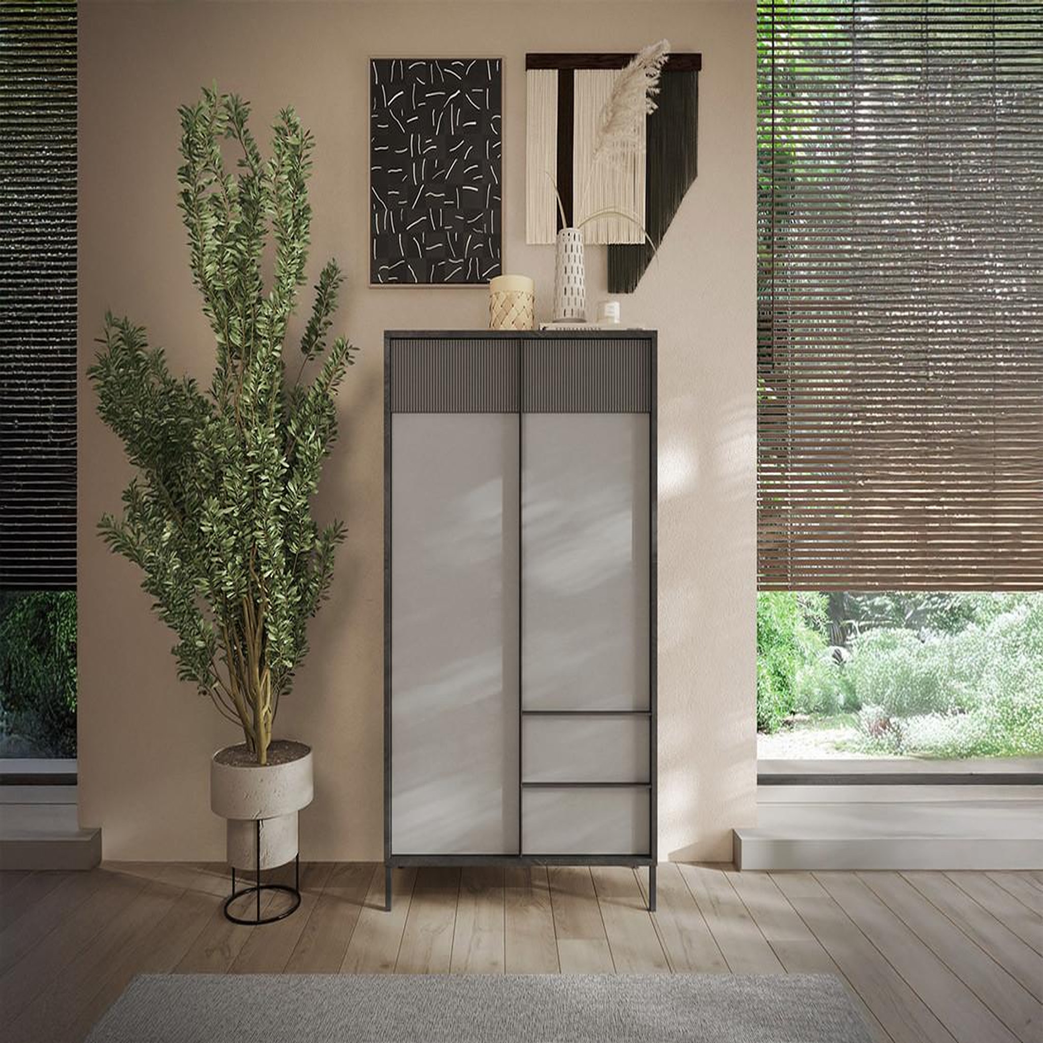 Voir la diapositive 1 : BEST MOBILIER Jules - buffet haut - 2 portes et 2 étagères - 106x177 cm