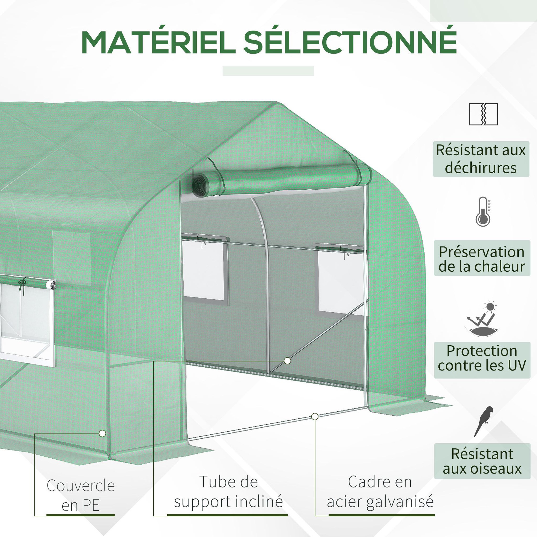 Voir la diapositive 5 : OUTSUNNY Serre tunnel grande taille 17,85 m² châssis tubulaire acier galvanisé renforcé 2,4 cm 8 fenêtres 1 porte vert