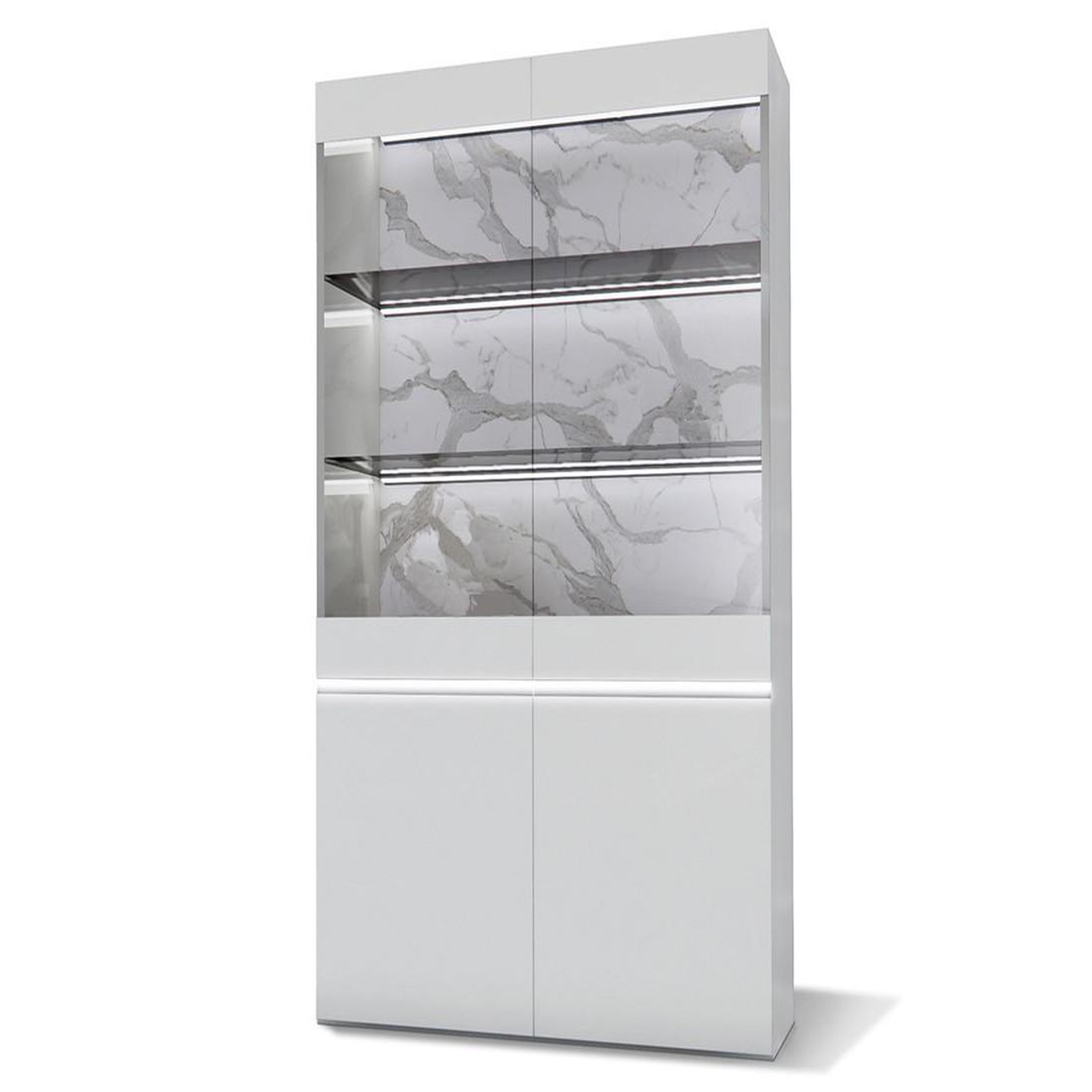 Voir la diapositive 3 : BEST MOBILIER Amaury - vitrine - blanc - fond effet marbre - 115x185 cm