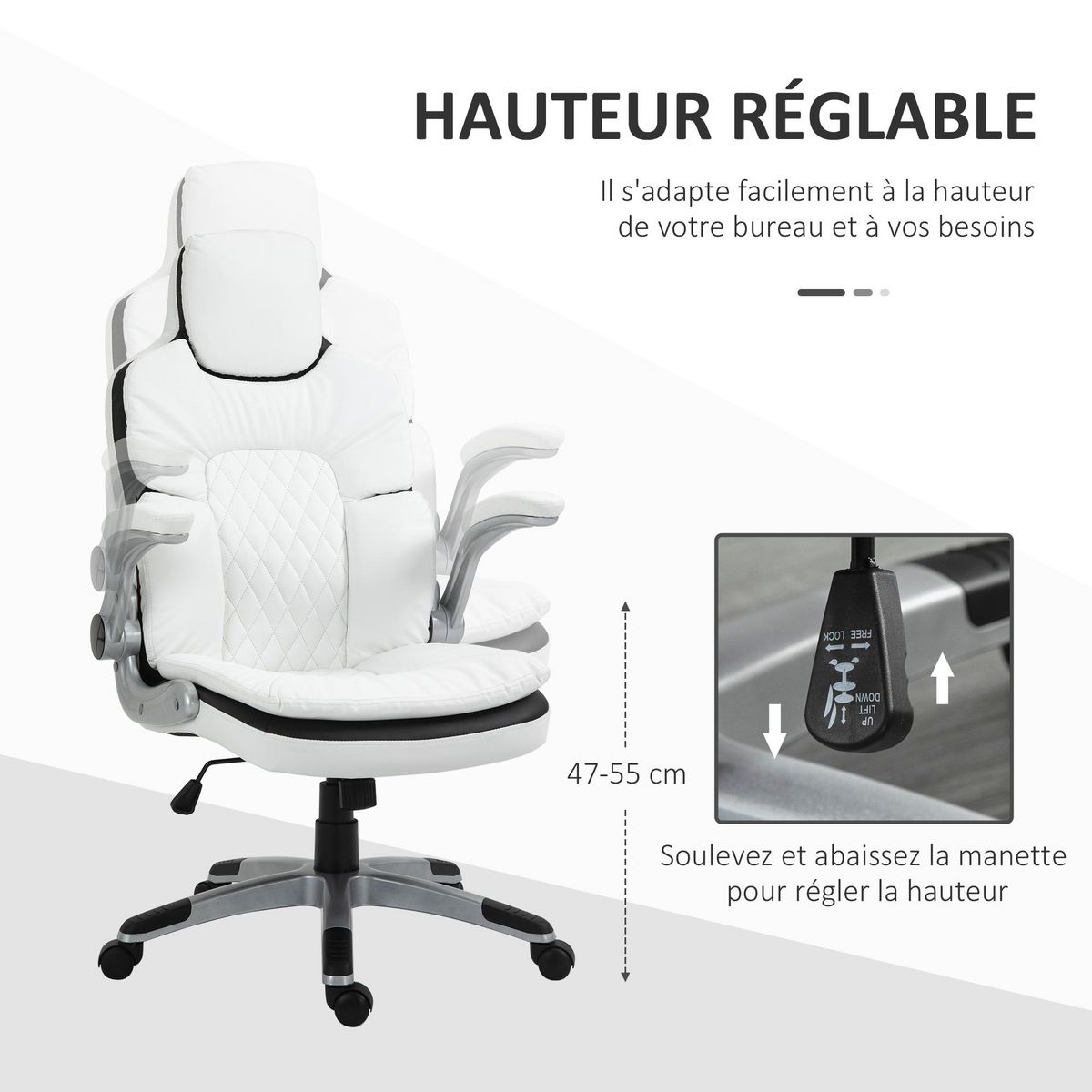 HOMCOM HOMCOM Fauteuil de bureau manager gaming style baquet racing dossier assise capitonné revêtement synthétique blanc noir