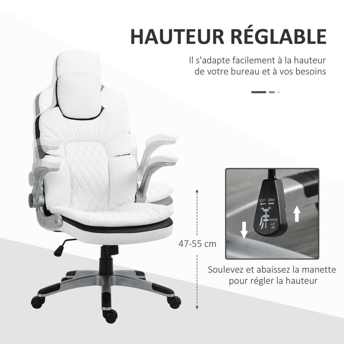 HOMCOM HOMCOM Fauteuil de bureau manager gaming style baquet racing dossier assise capitonné revêtement synthétique blanc noir