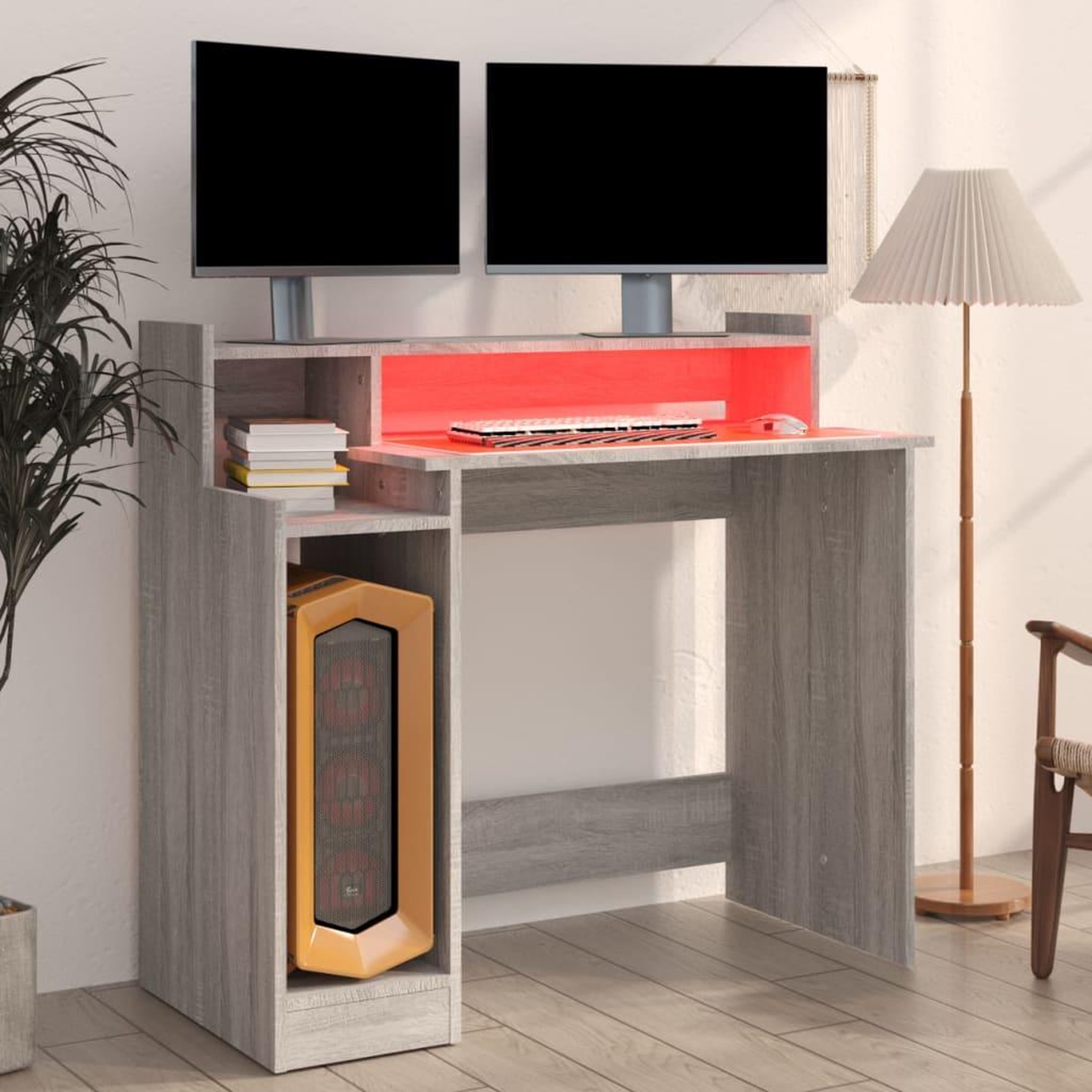Voir la diapositive 4 : VIDAXL Bureau et lumieres LED Sonoma gris 97x45x90cm Bois d'ingenierie