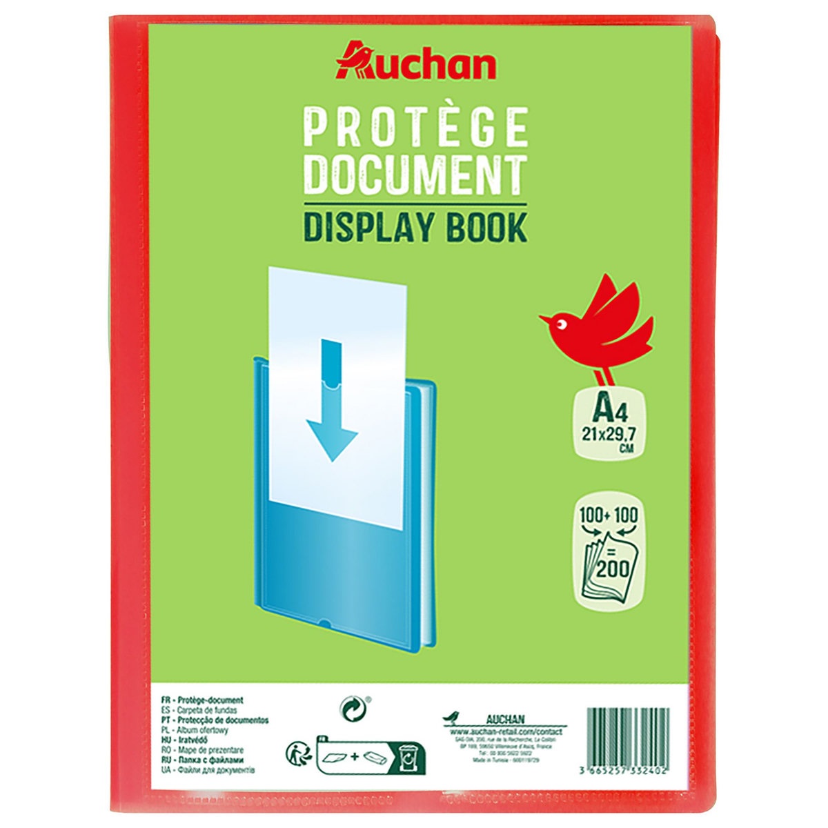 AUCHAN Protège document A4 souple 200 vues Polypro coloris aléatoire