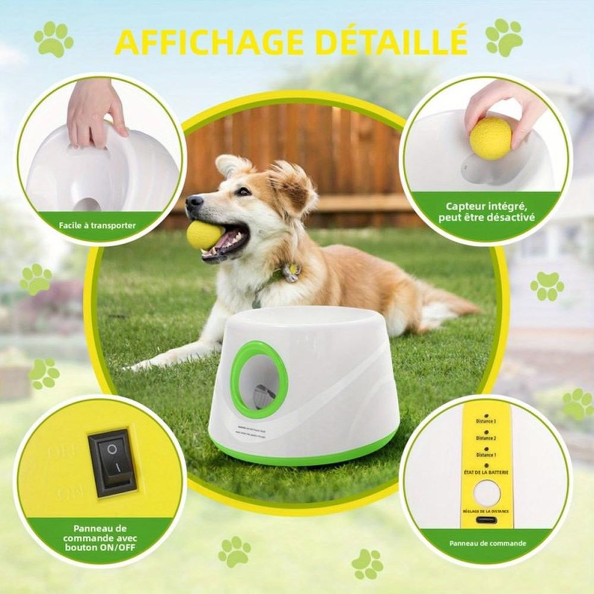 Voir la diapositive 4 : Lance-balles automatique pour chien avec 5 balles en mousse 58 mm et 3 distances 6 à 14 m