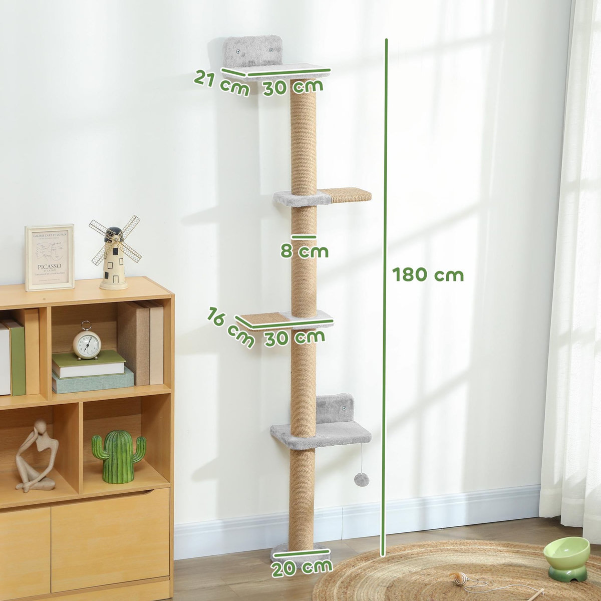 PAWHUT Arbre à chat mural 4 plateformes griffoirs grattoirs boule - 48x21x180cm - gris clair