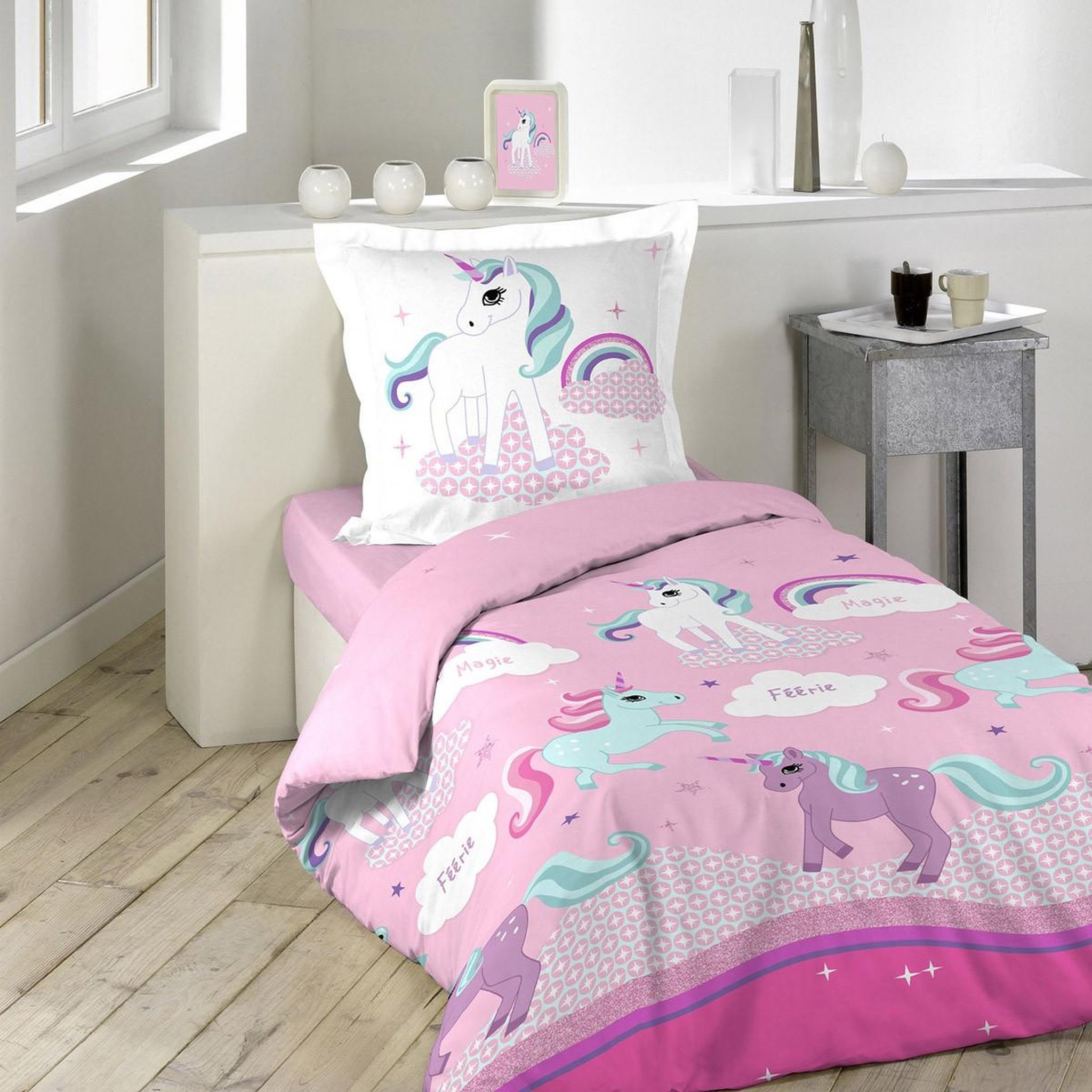 Douceur d'Intérieur Parure de Lit 2 Pièces  Licorne  140x200cm Rose