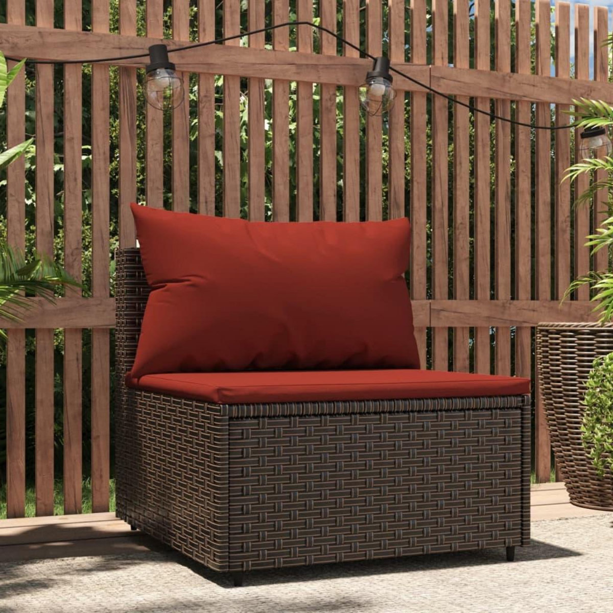 VIDAXL Canape central de jardin avec coussins marron resine tressee