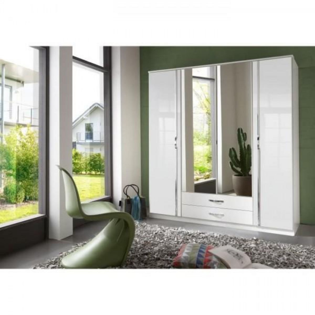 MARKET24 Armoire 4 portes battantes + miroirs - Blanc brillant - L180 x P56 x H199 cm - TRIO