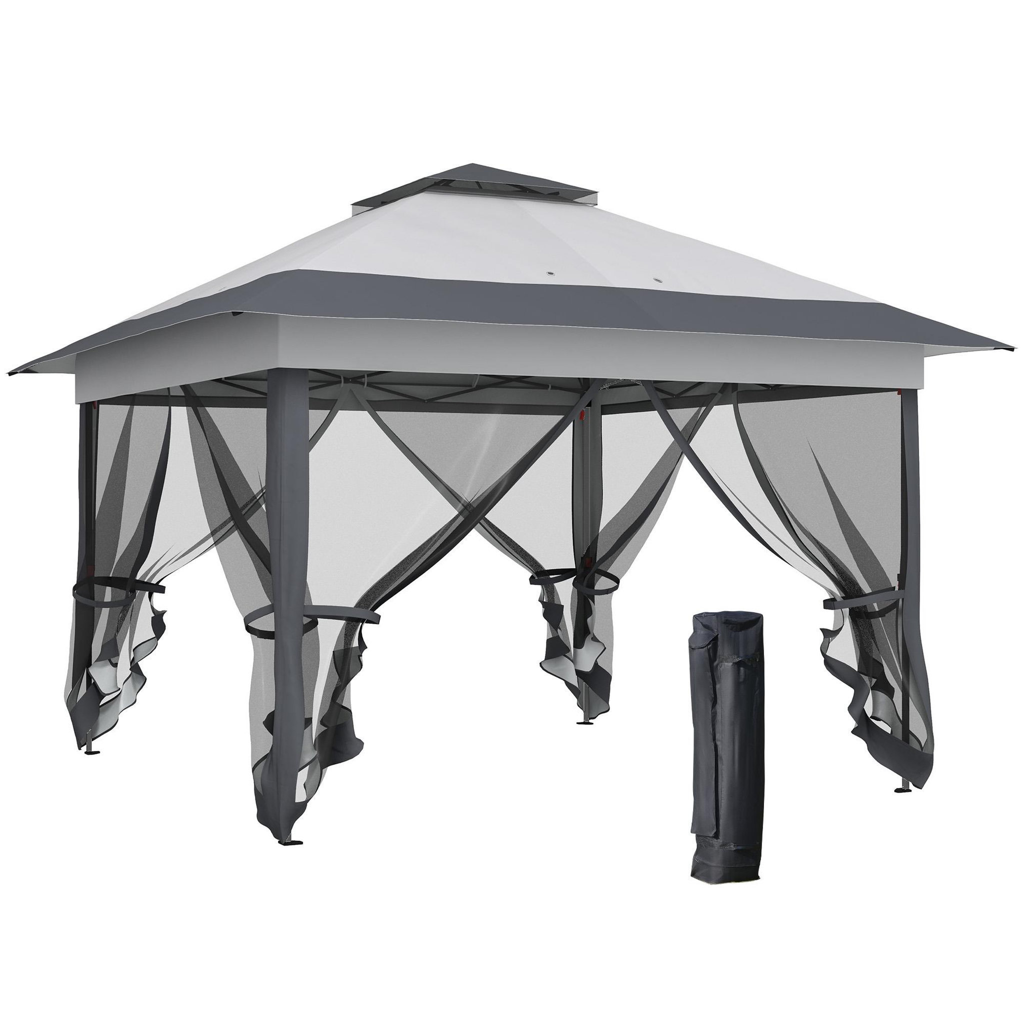 OUTSUNNY Tonnelle barnum de jardin pop-up pliant 3,64L x 3,64l x 2,98H m acier polyester moustiquaires + sac de transport à roulettes gris